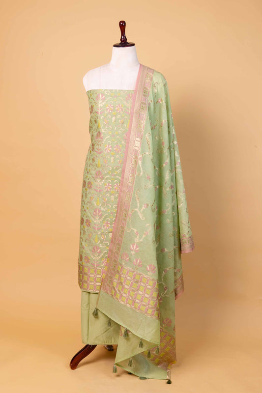 Pista Green  Floral Weaving Chanderi Suit