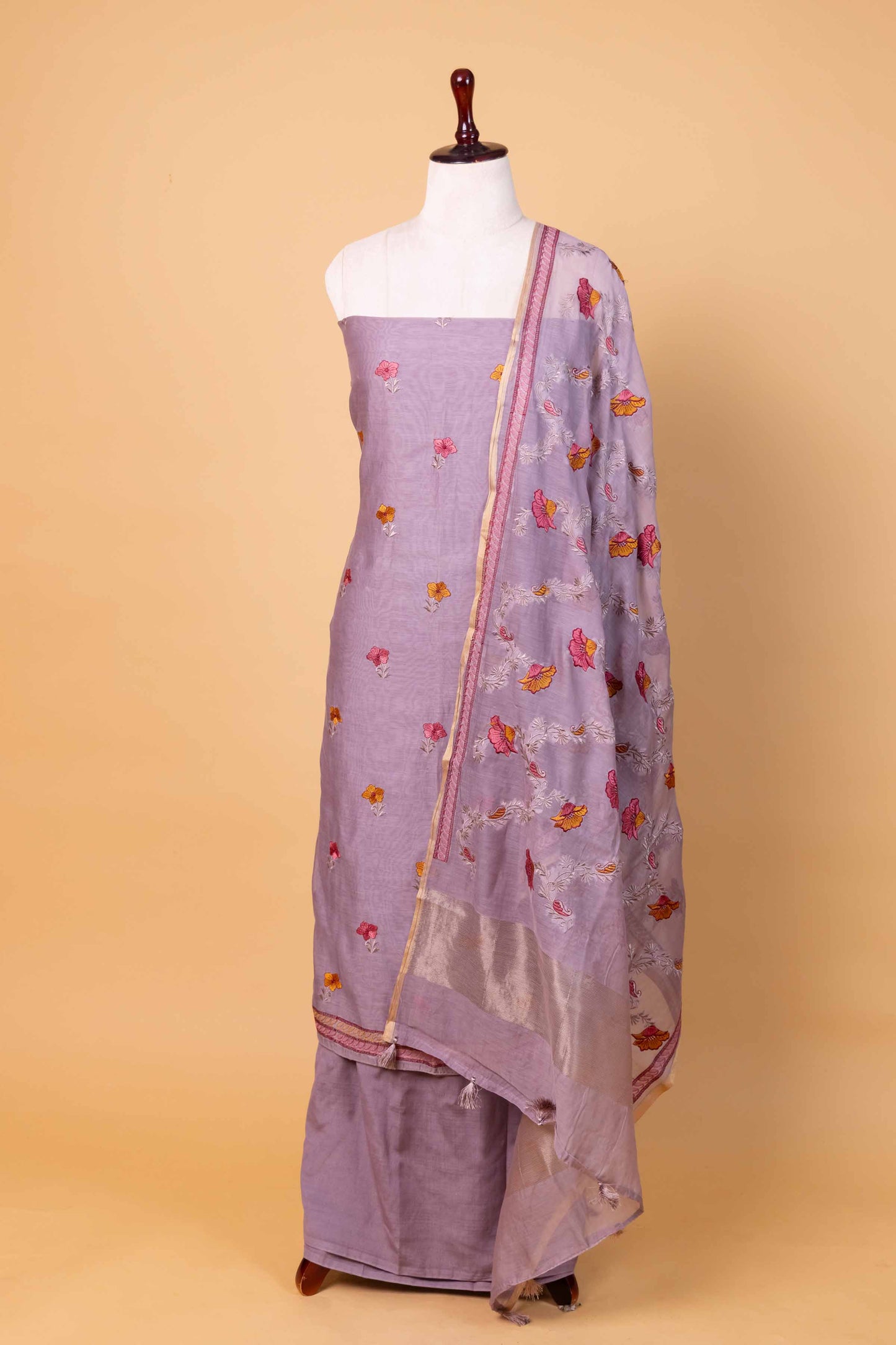 Grey Embroidered Mul Chanderi Suit