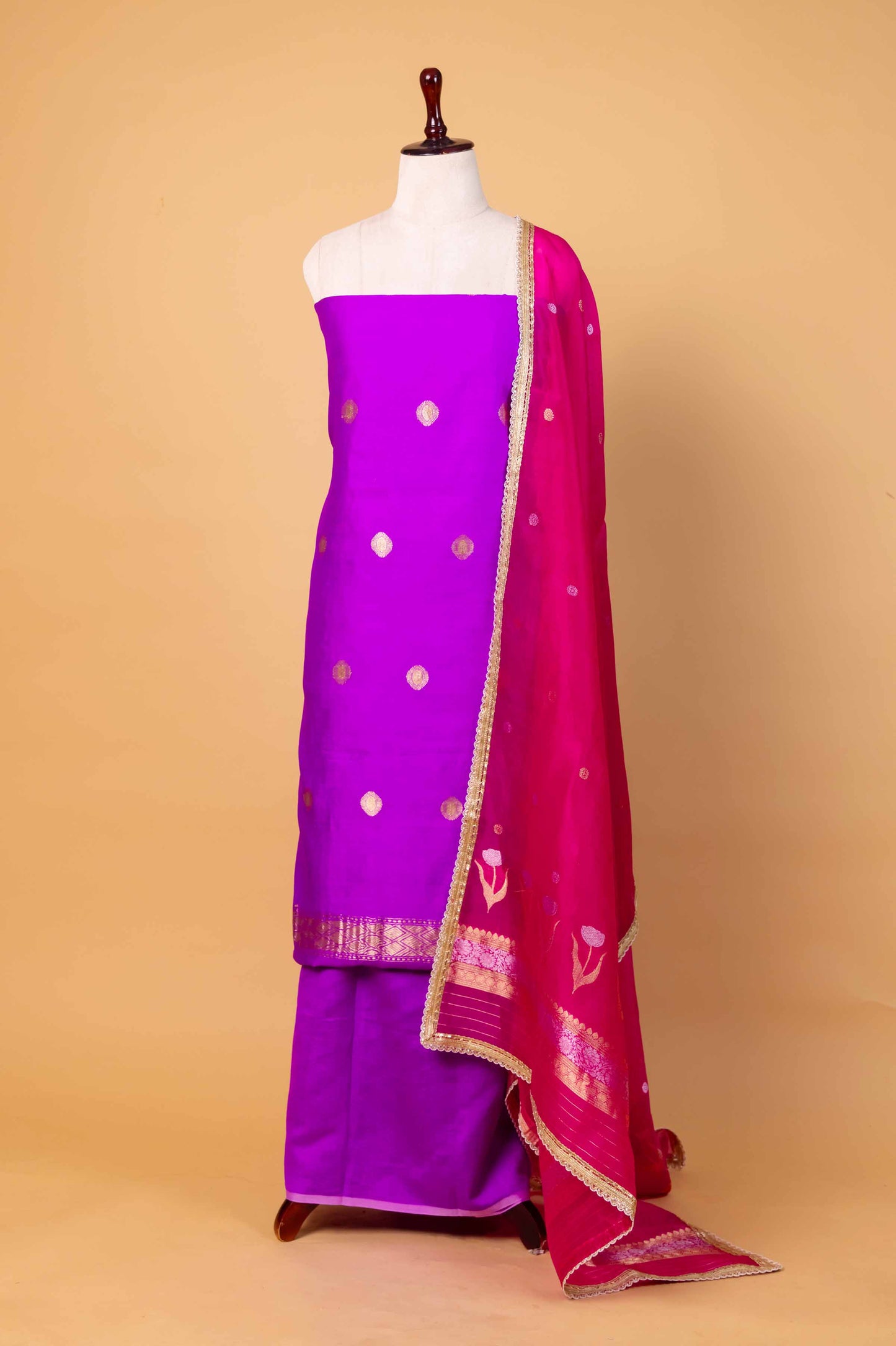 Purple Chiniya Silk Suit With Rani Lace Dupatta