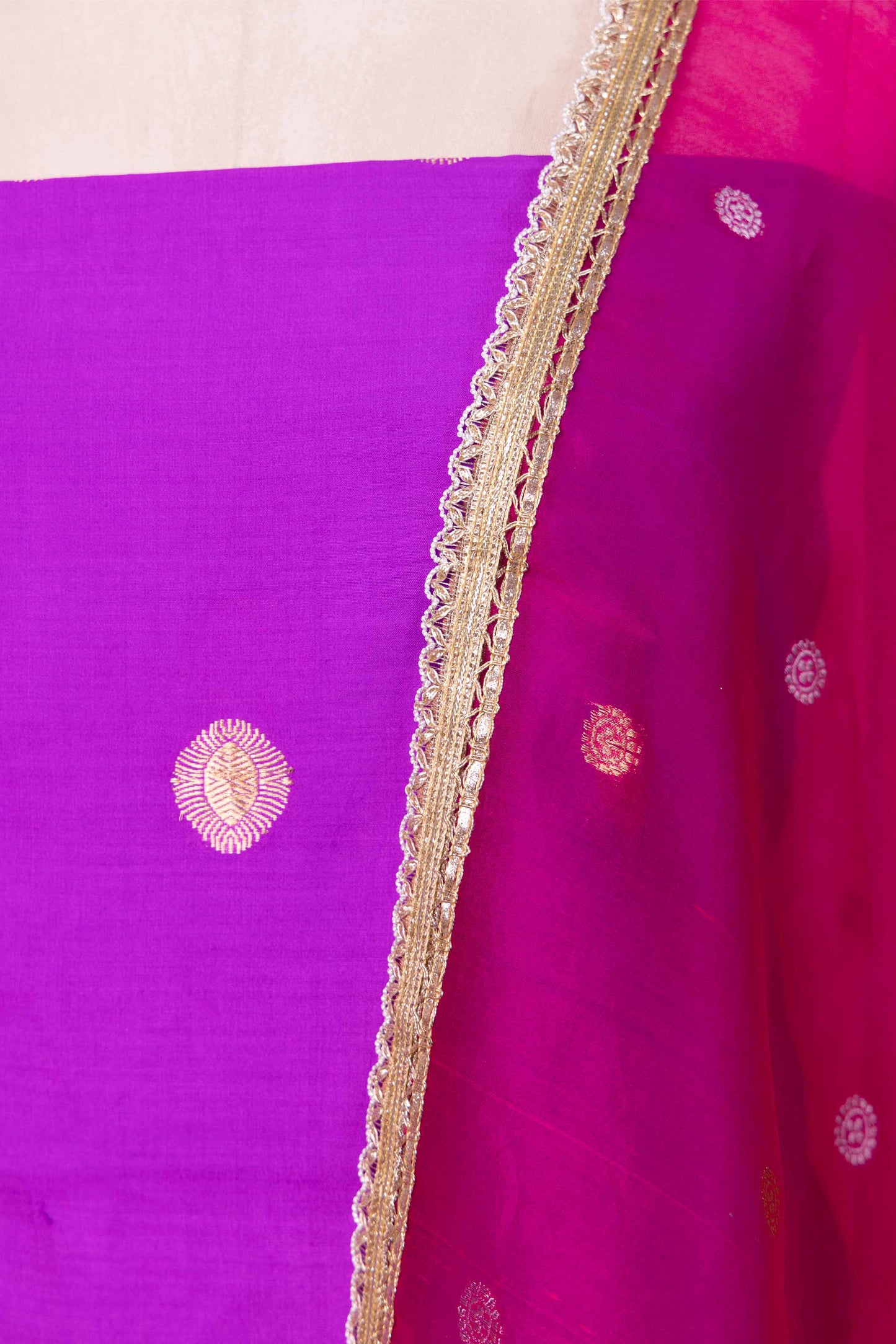 Purple Chiniya Silk Suit With Rani Lace Dupatta