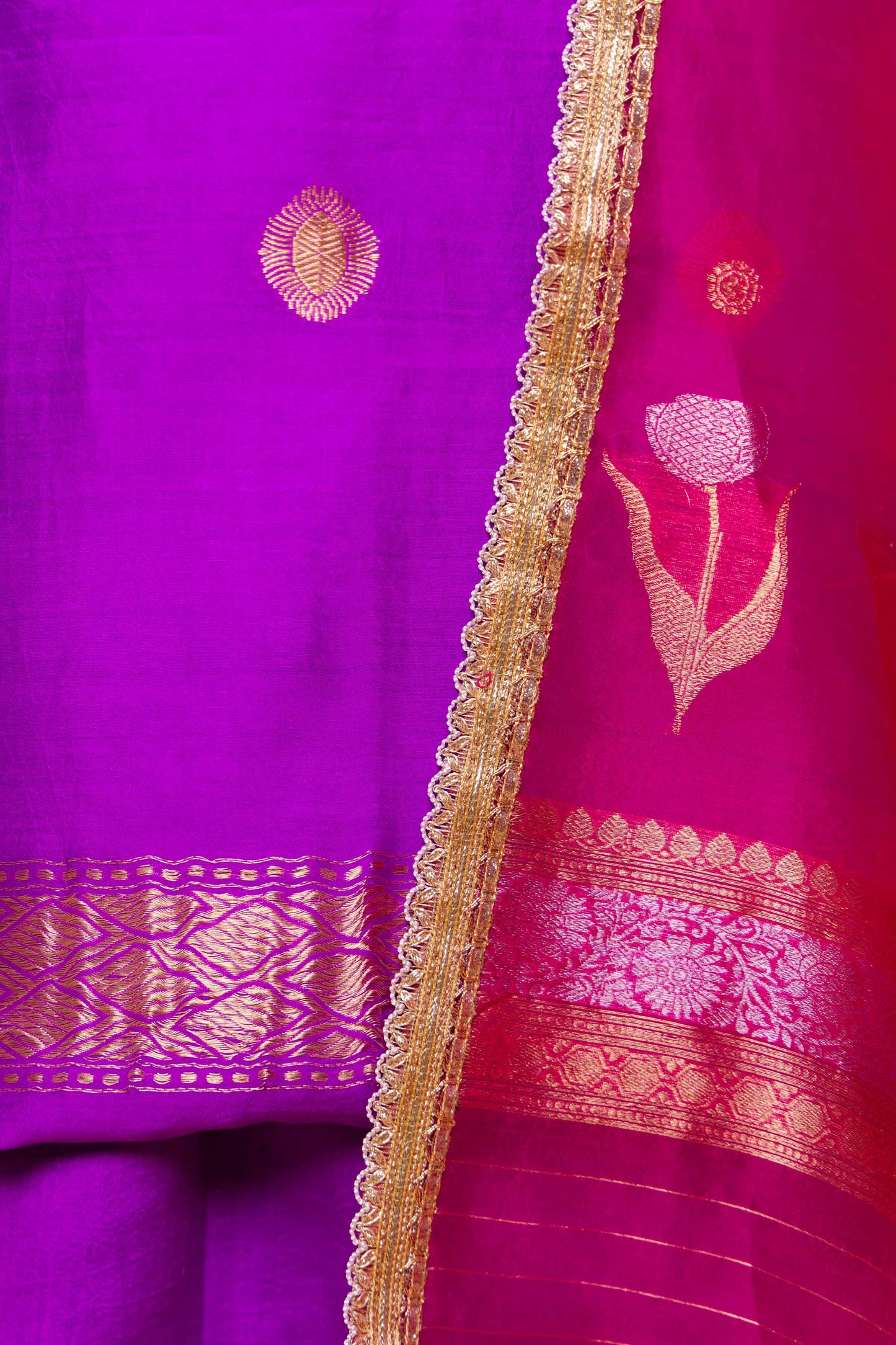 Purple Chiniya Silk Suit With Rani Lace Dupatta