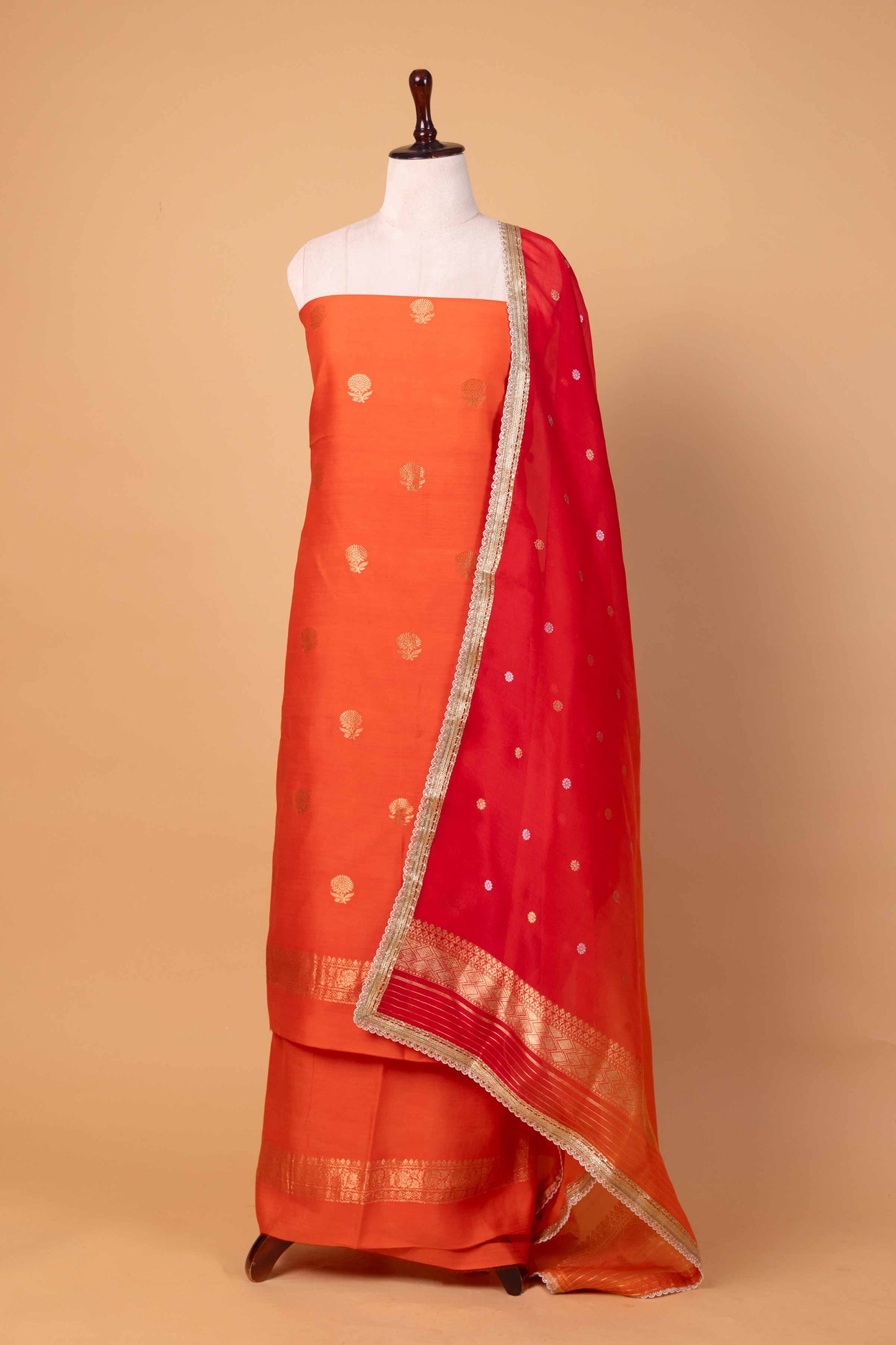 Saffron Chiniya Silk Suit With Shaded Lace Dupatta