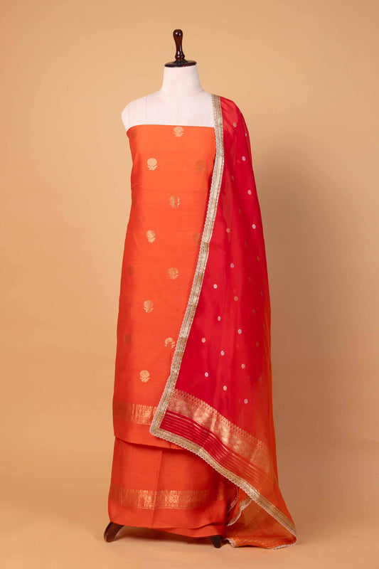 Saffron Chiniya Silk Suit With Shaded Lace Dupatta