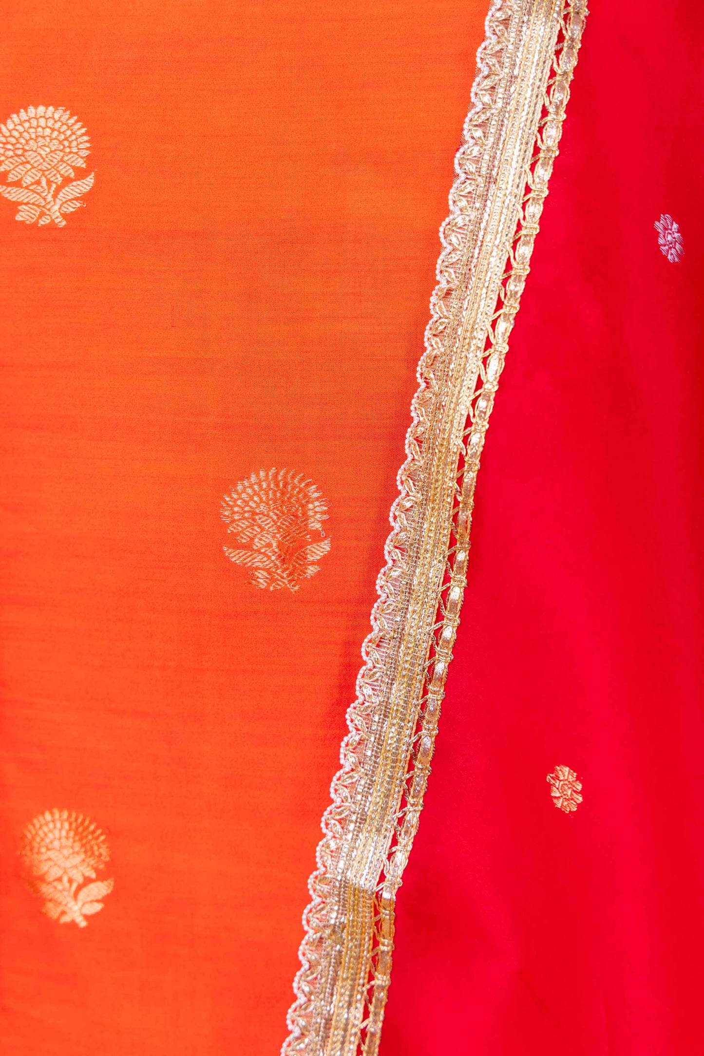 Saffron Chiniya Silk Suit With Shaded Lace Dupatta