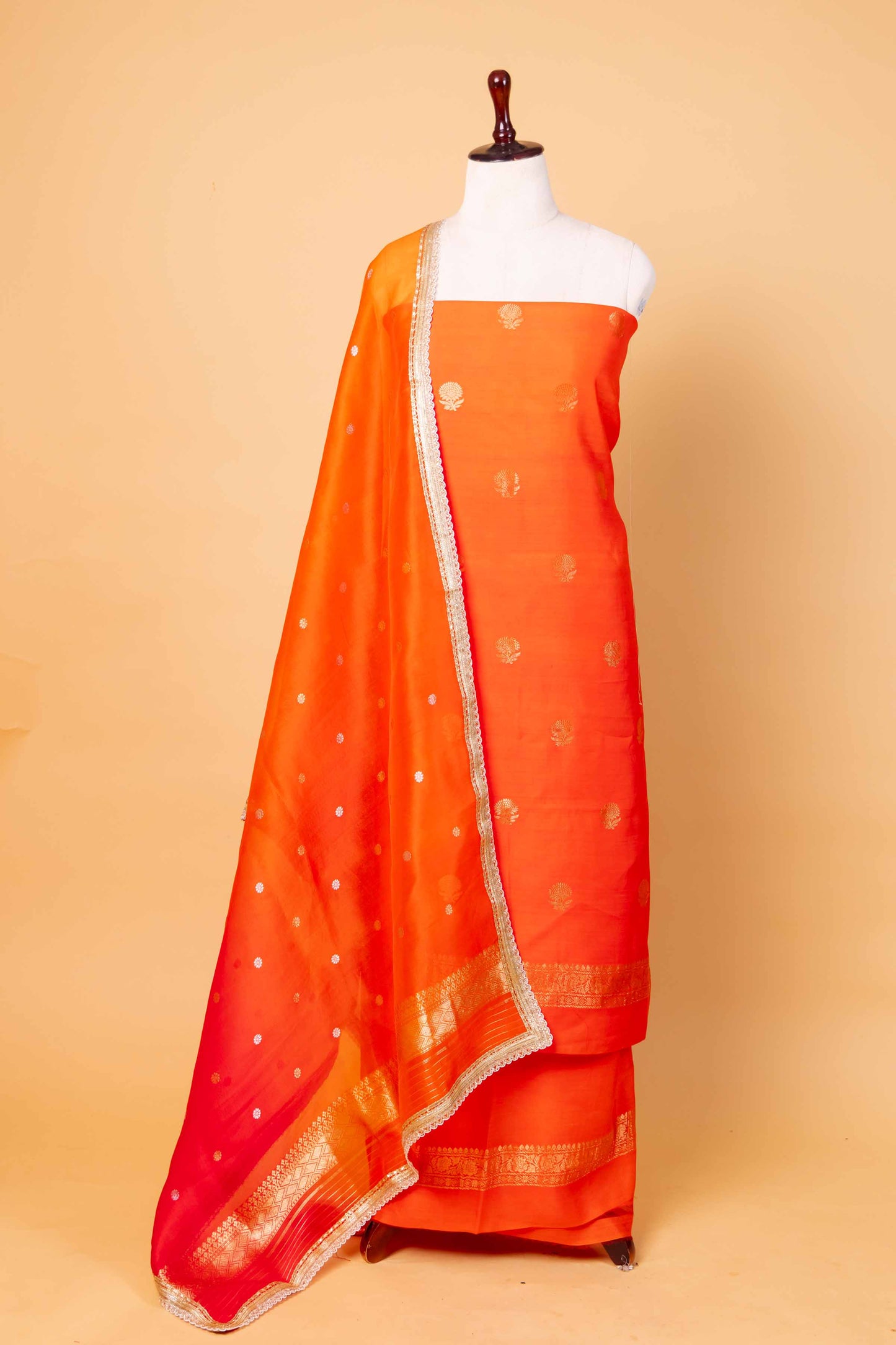 Saffron Chiniya Silk Suit With Shaded Lace Dupatta