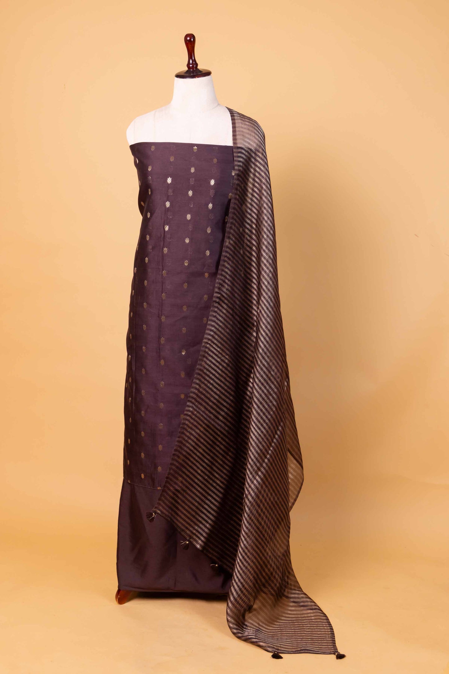 Brown Woven Chanderi Silk Suit With Stripe Dupatta