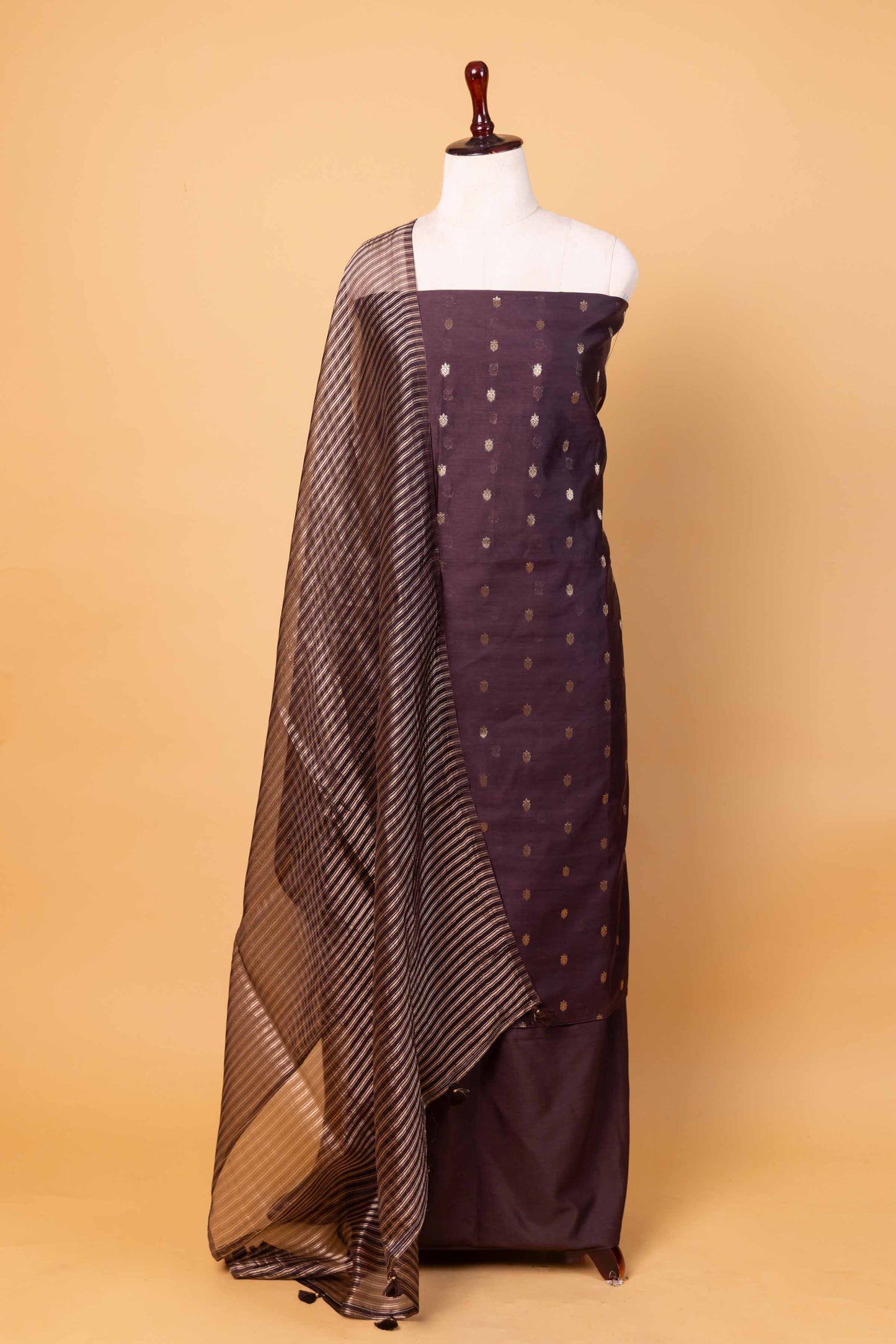 Brown Woven Chanderi Silk Suit With Stripe Dupatta