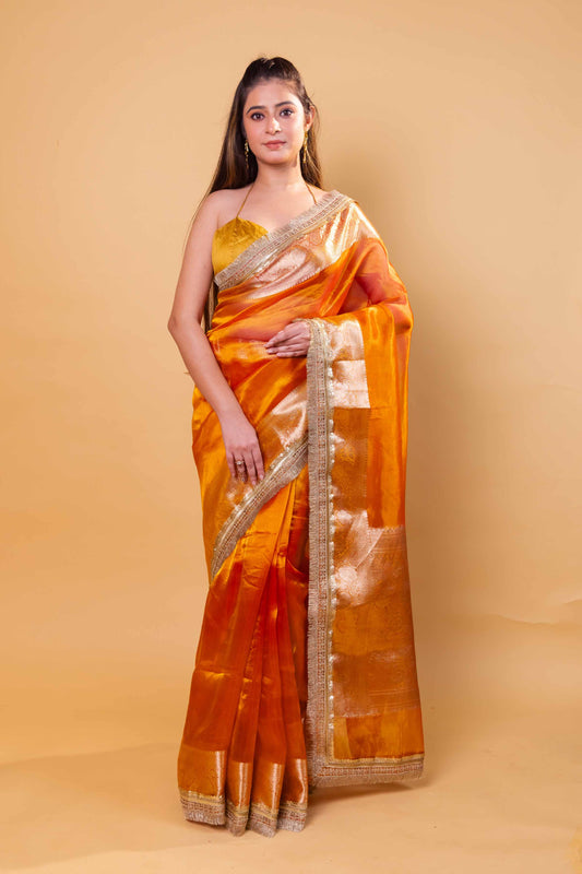 Mustard Dhup Chav Embellished Lace Pure Soft Tissue Silk Saree