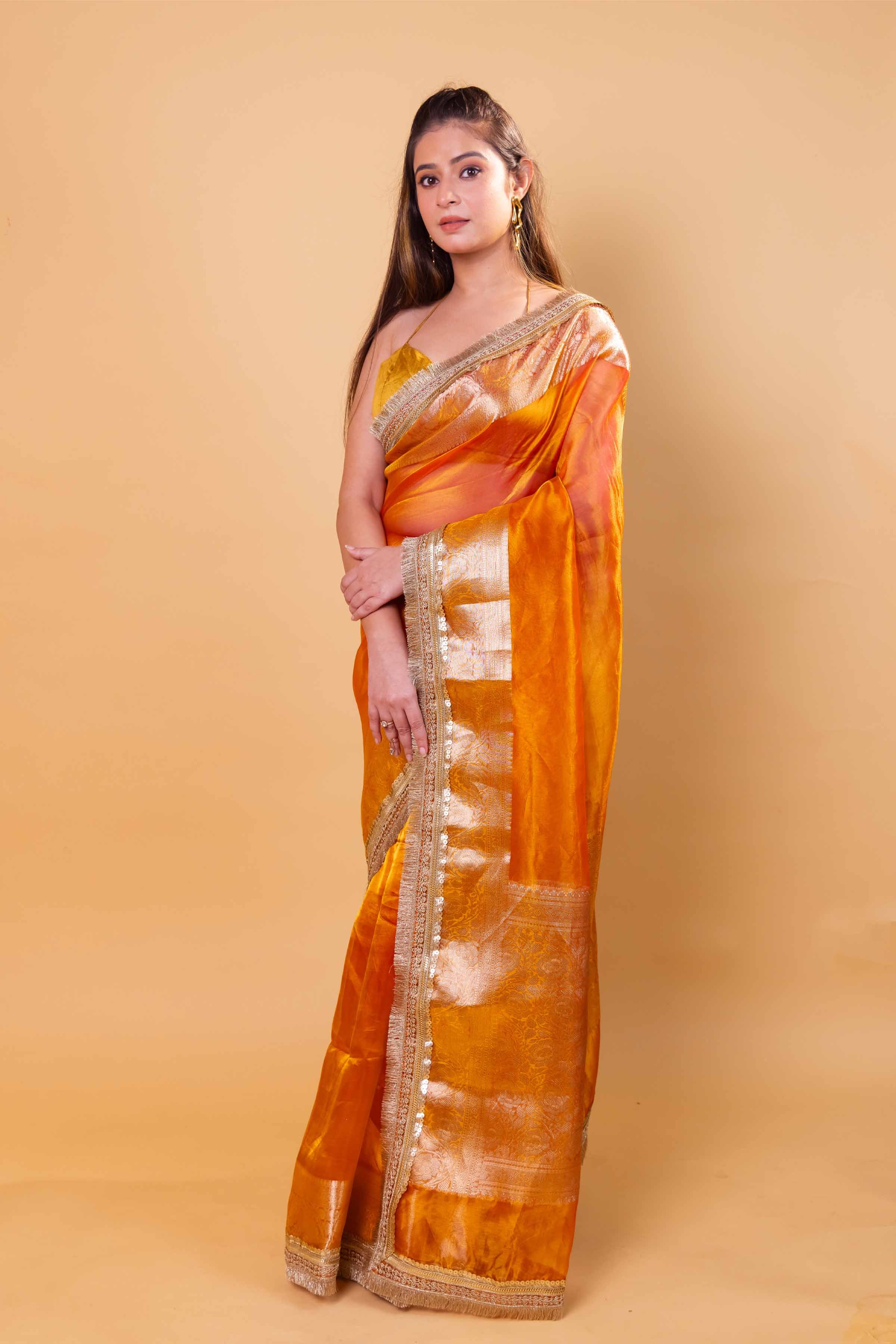 Mustard Dhup Chav Embellished Lace Pure Soft Tissue Silk Saree