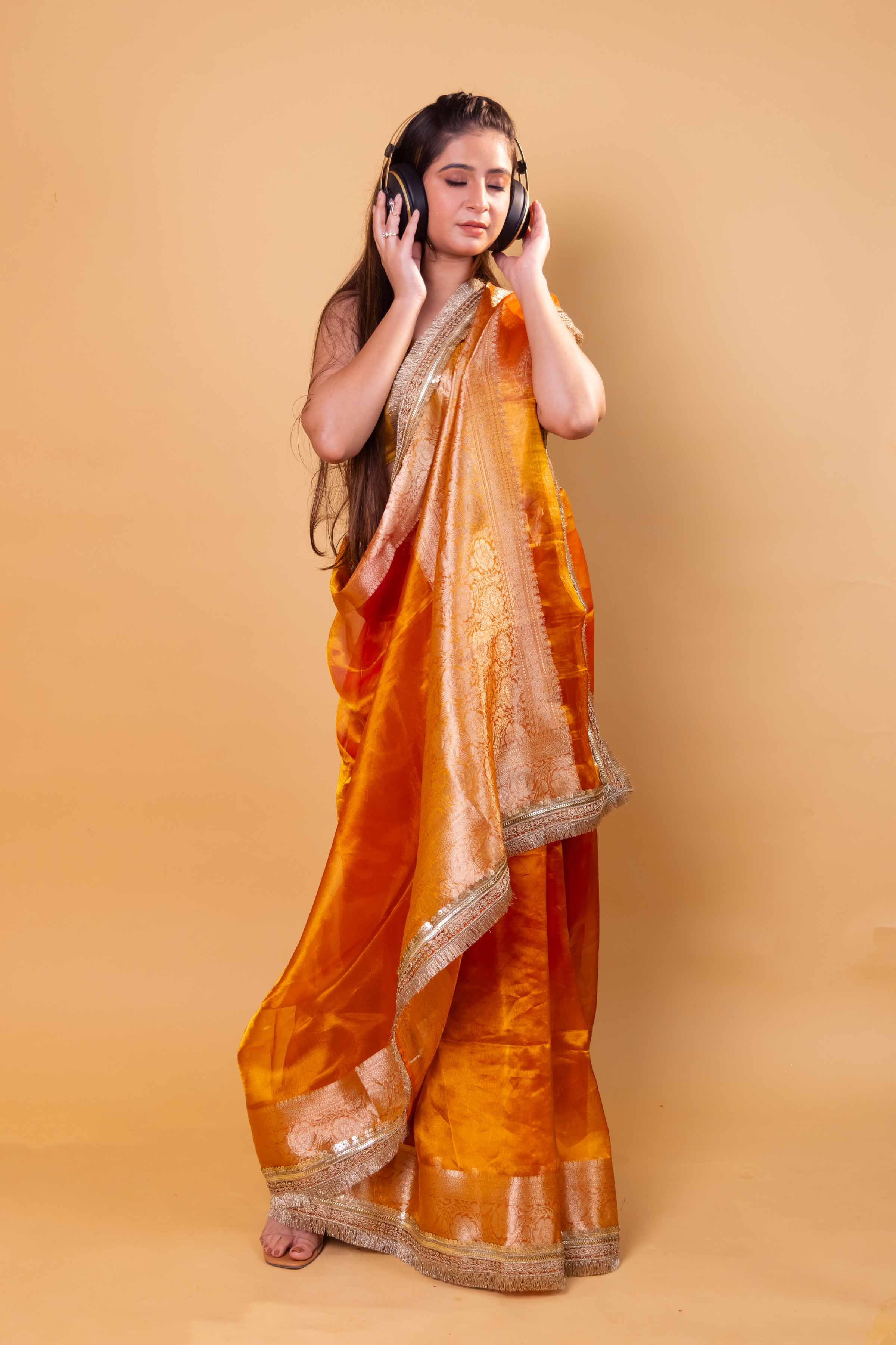 Mustard Dhup Chav Embellished Lace Pure Soft Tissue Silk Saree