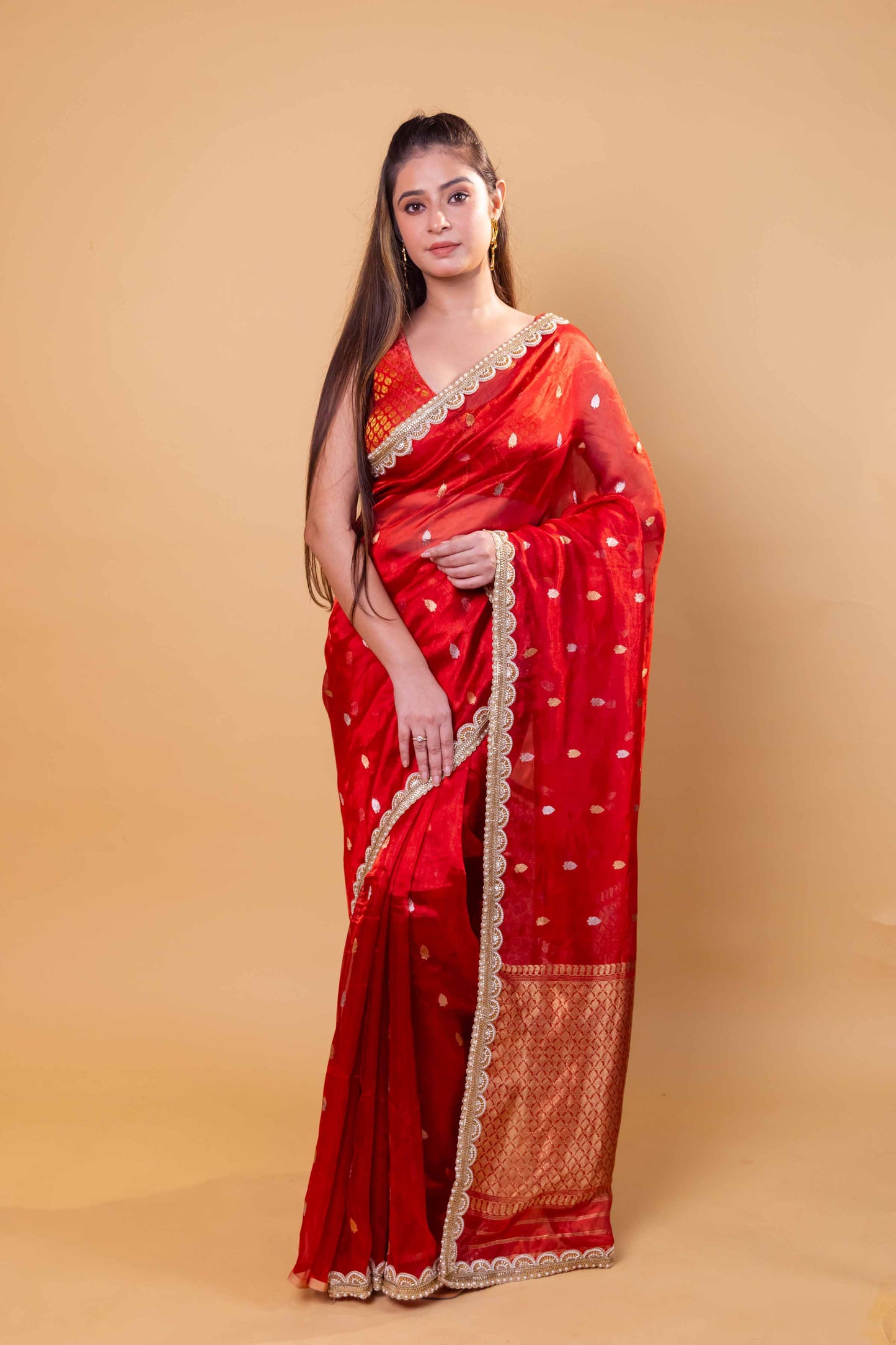 Red Pure Tissue Silk Saree With Embroidery Border