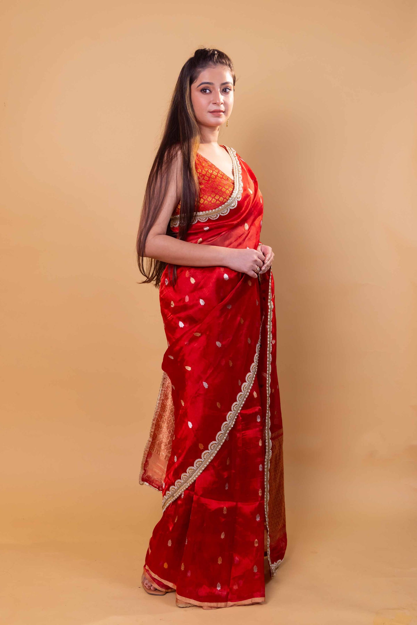 Red Pure Tissue Silk Saree With Embroidery Border