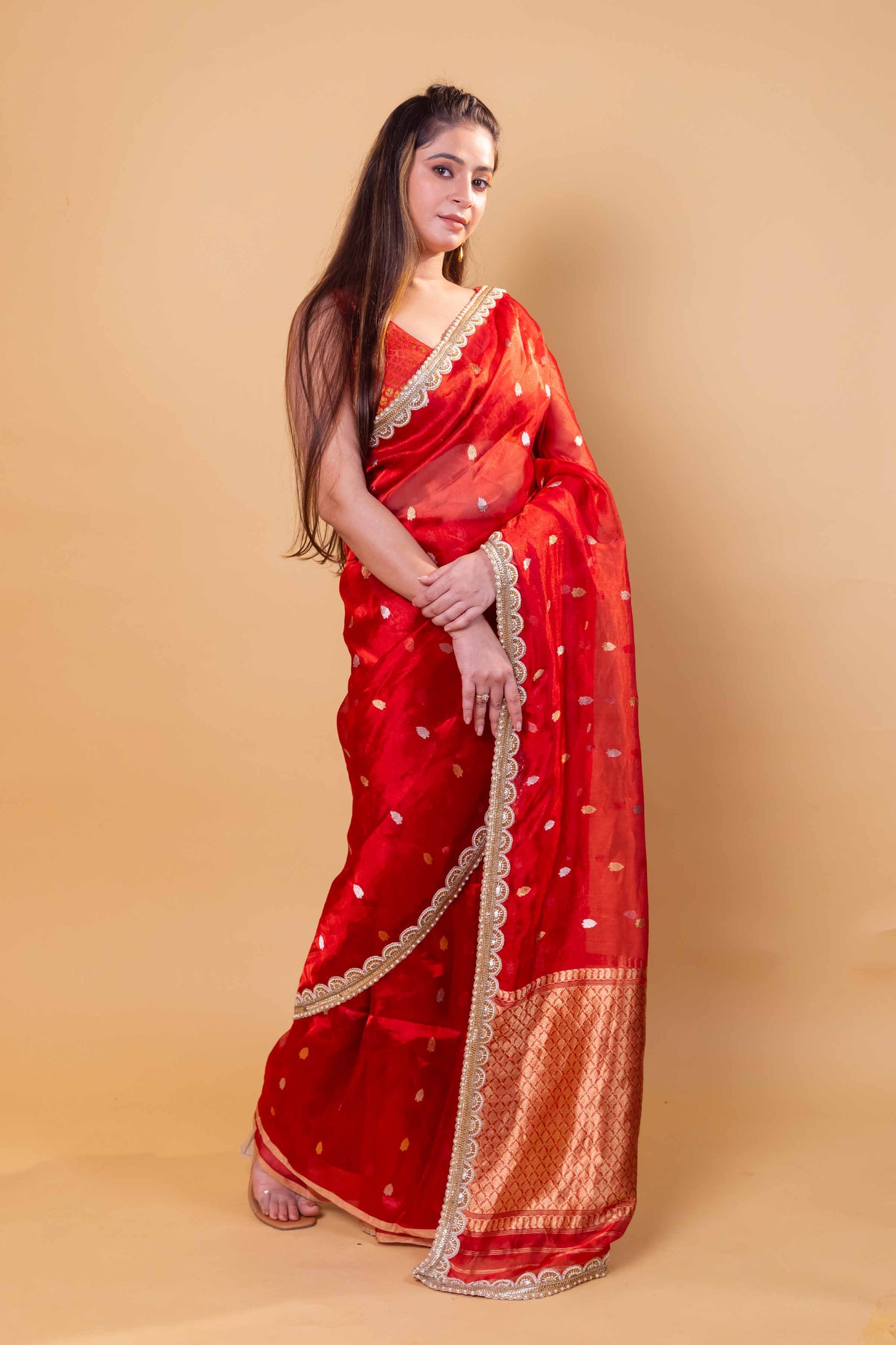 Red Pure Tissue Silk Saree With Embroidery Border