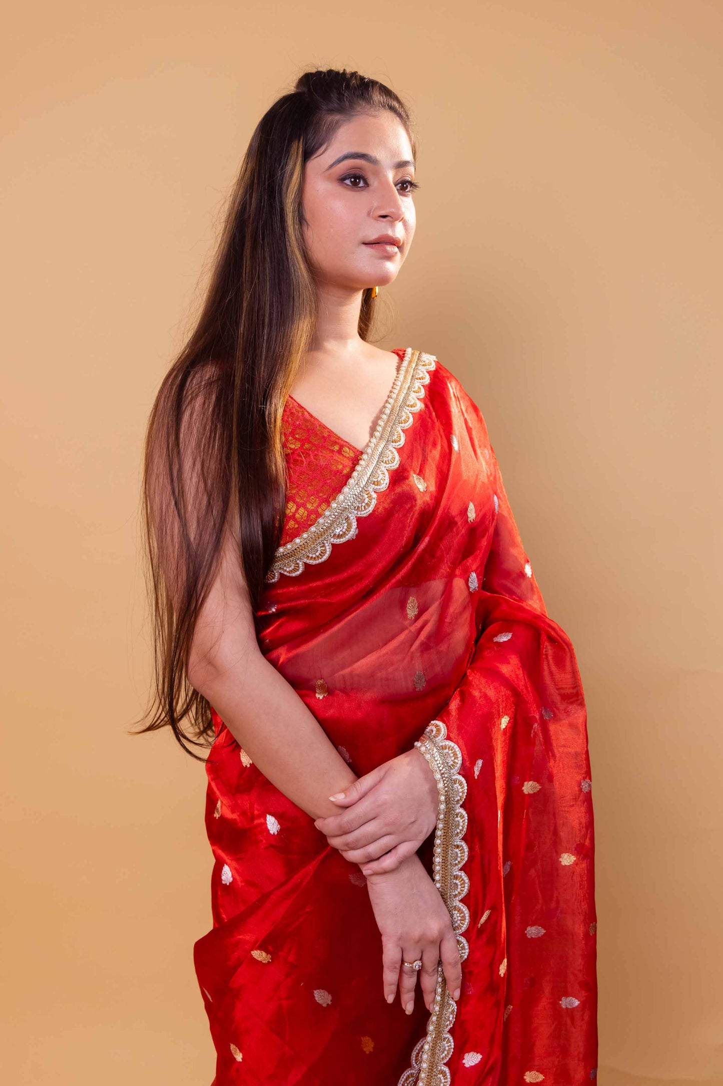 Red Pure Tissue Silk Saree With Embroidery Border