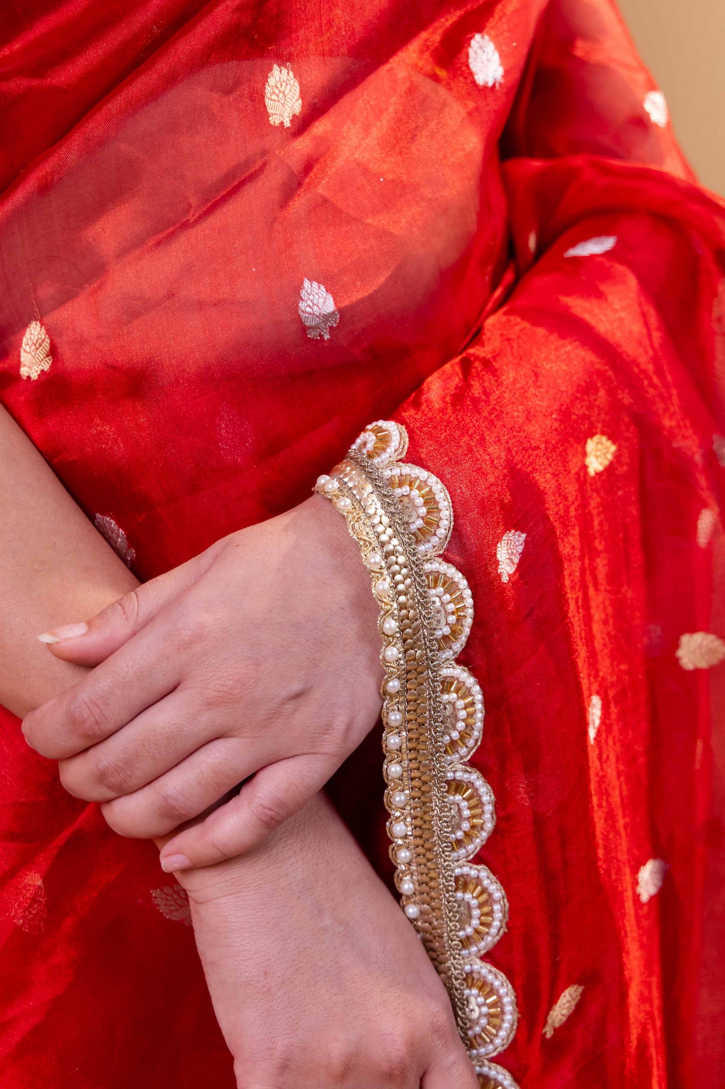 Red Pure Tissue Silk Saree With Embroidery Border