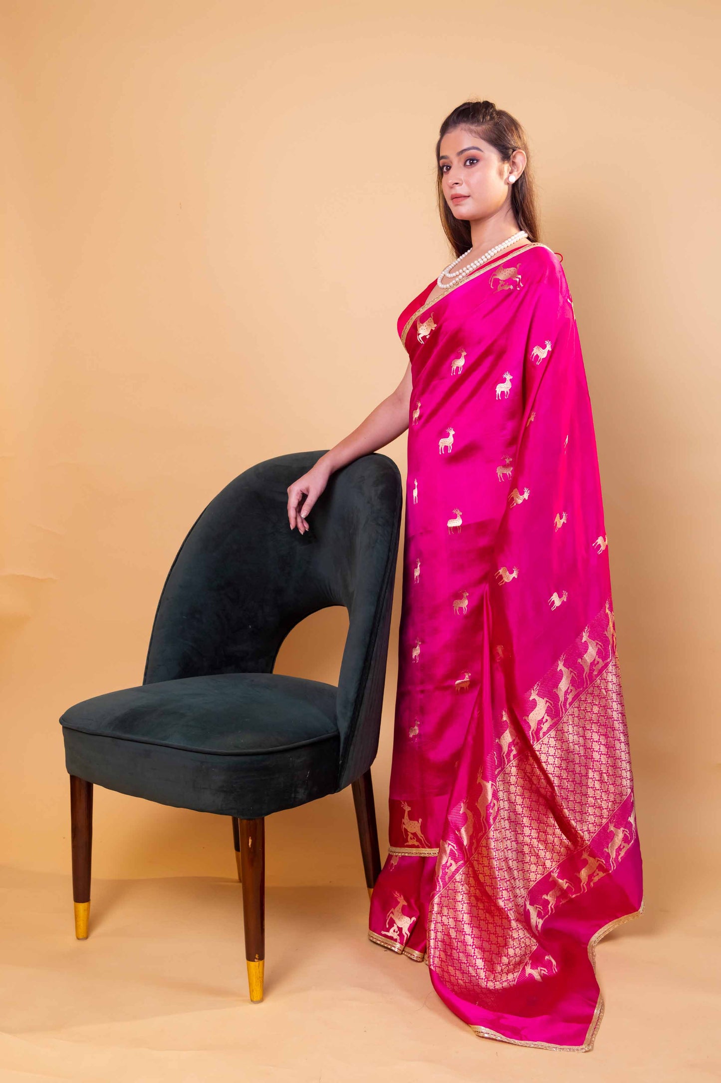 Rani Pink Deer Motif Raw Mango Silk Saree
