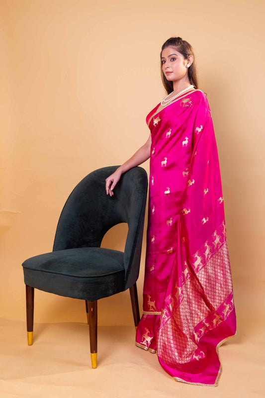 Rani Pink Deer Motif Raw Mango Silk Saree