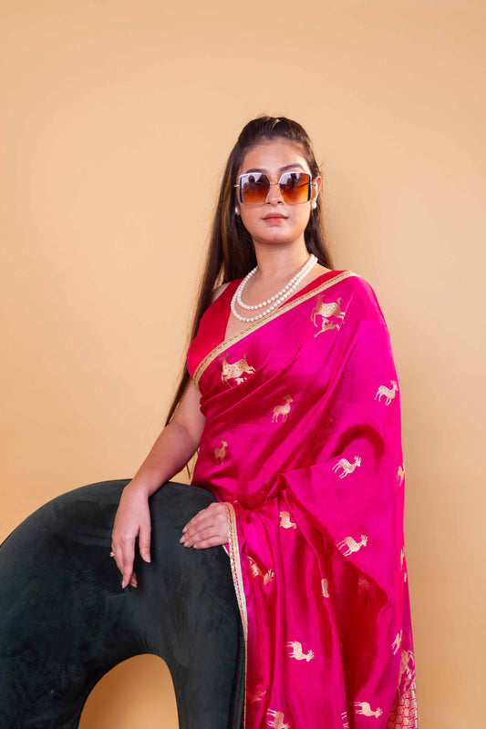 Rani Pink Deer Motif Raw Mango Silk Saree