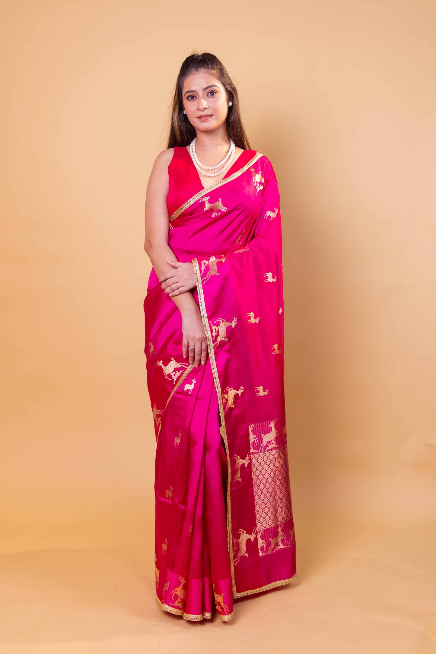 Rani Pink Deer Motif Raw Mango Silk Saree