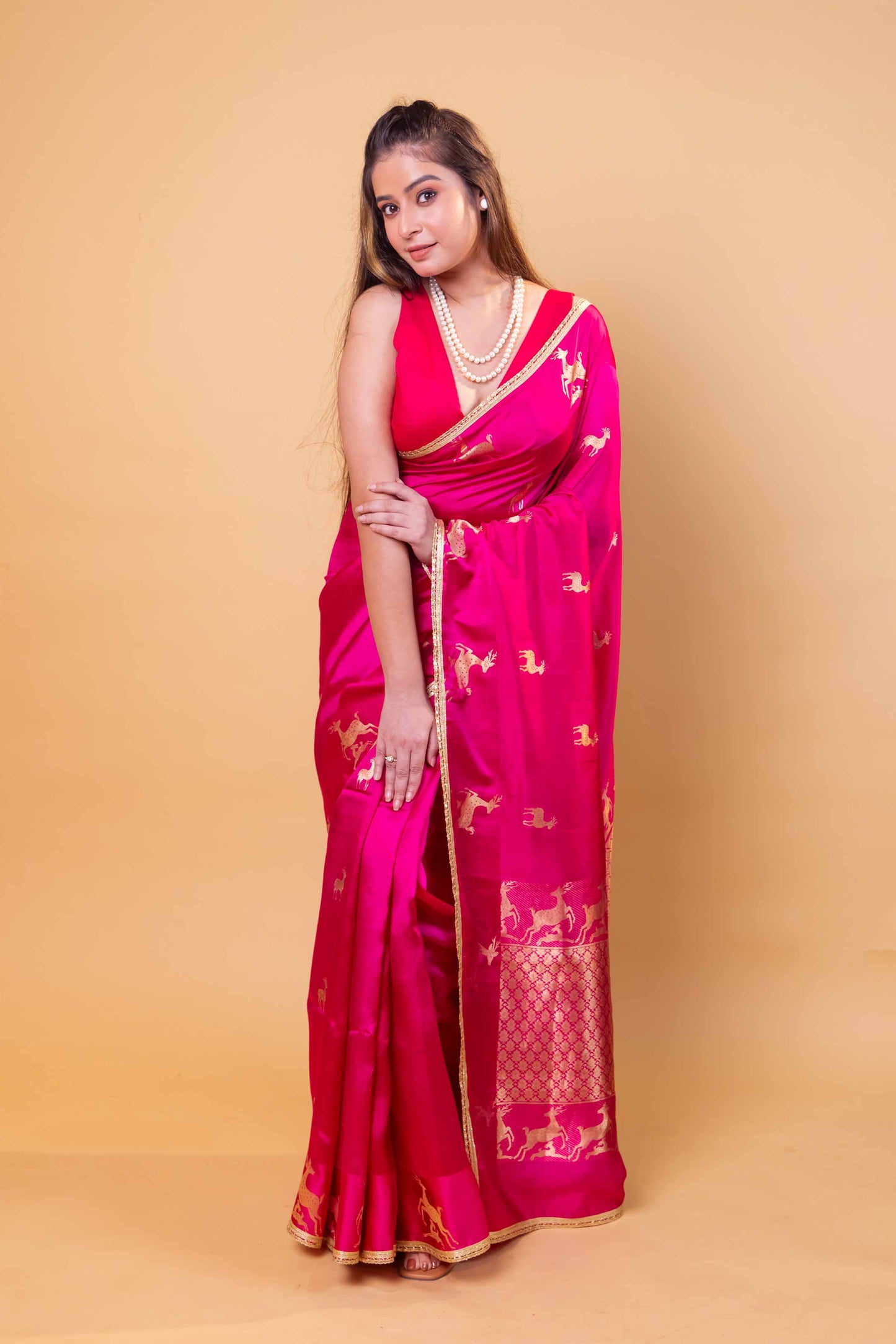 Rani Pink Deer Motif Raw Mango Silk Saree