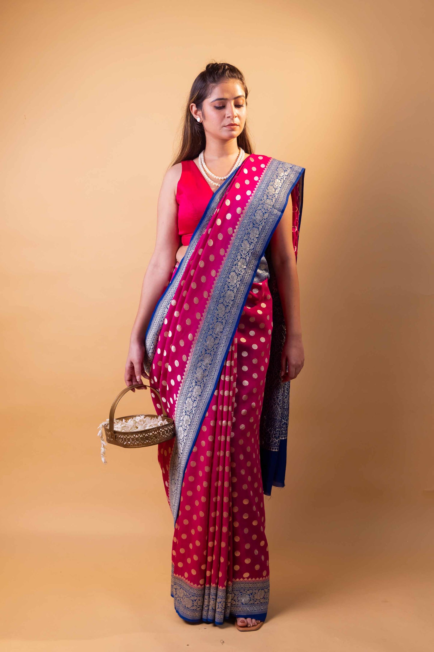 Pink & Blue Polka Dot Munga Khaddi Georgette Silk Saree