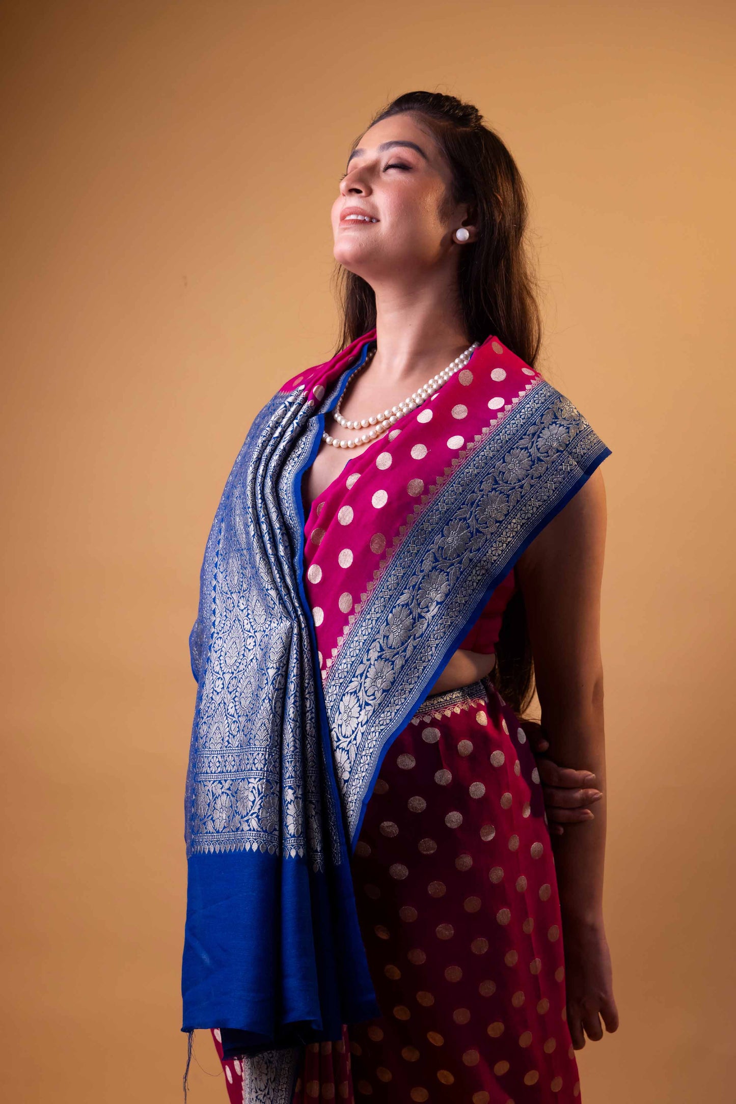 Pink & Blue Polka Dot Munga Khaddi Georgette Silk Saree