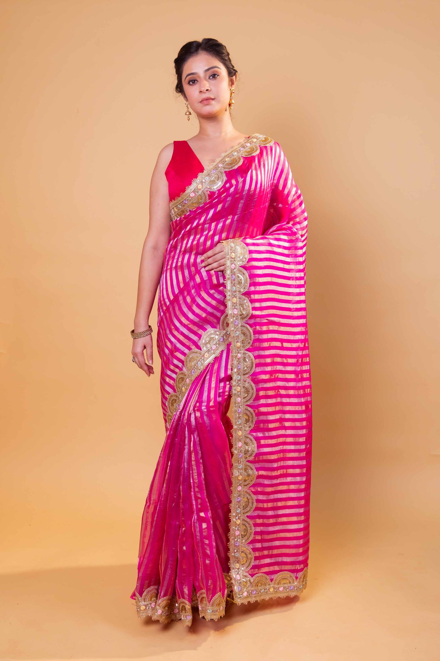 Rani Sona Rupa Stripe Organza Silk Saree With Embellished Border