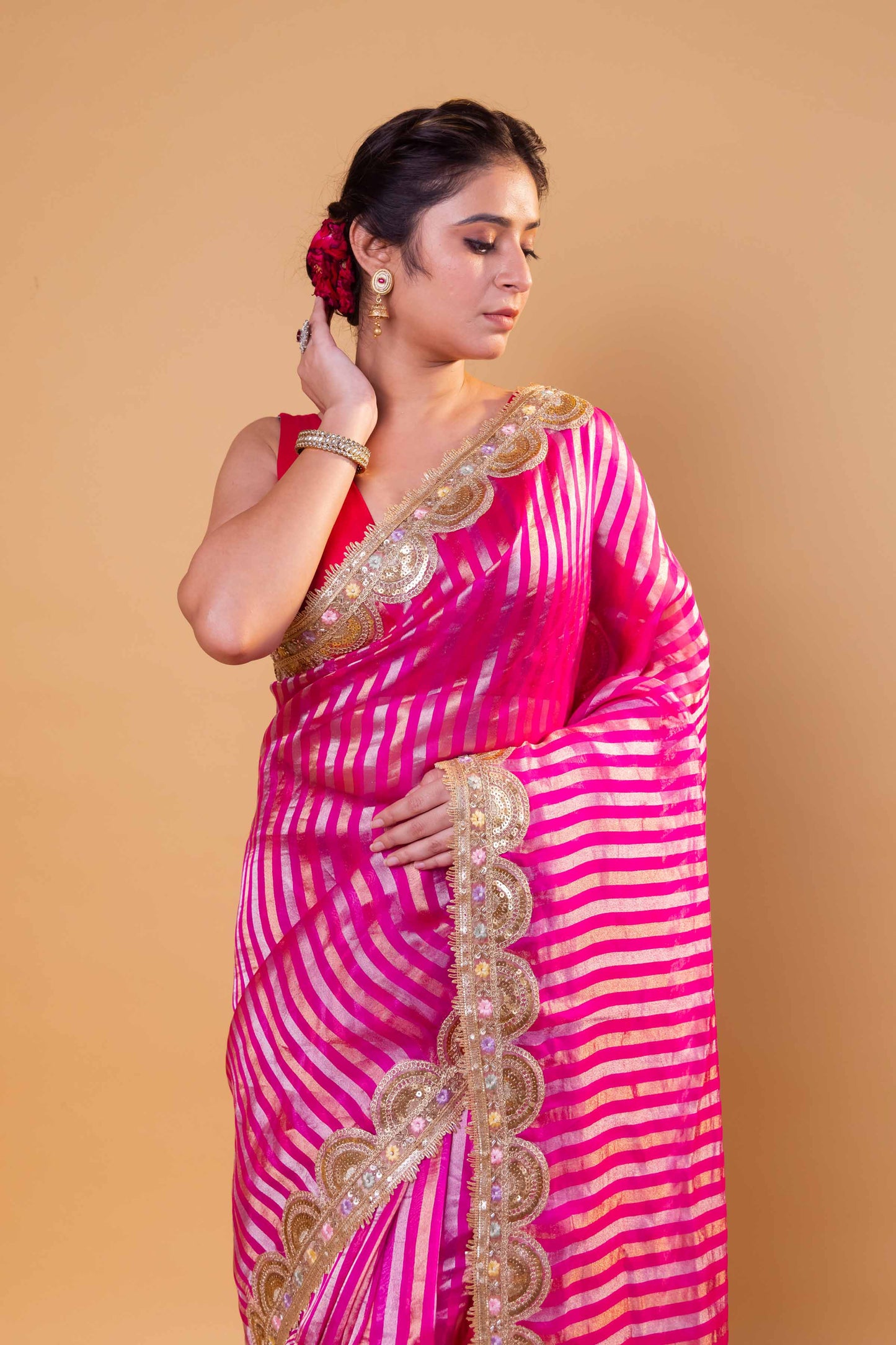 Rani Sona Rupa Stripe Organza Silk Saree With Embellished Border