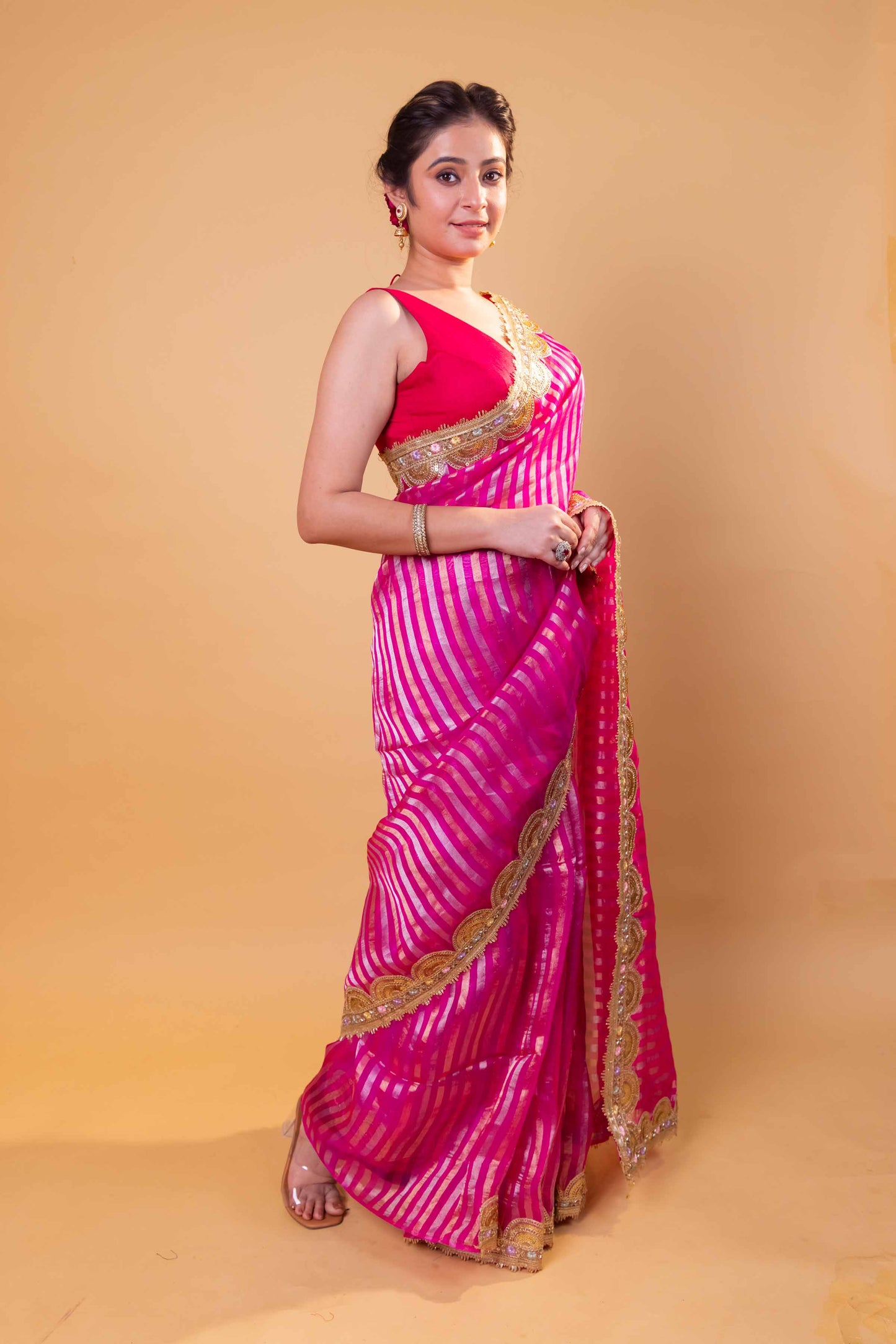 Rani Sona Rupa Stripe Organza Silk Saree With Embellished Border