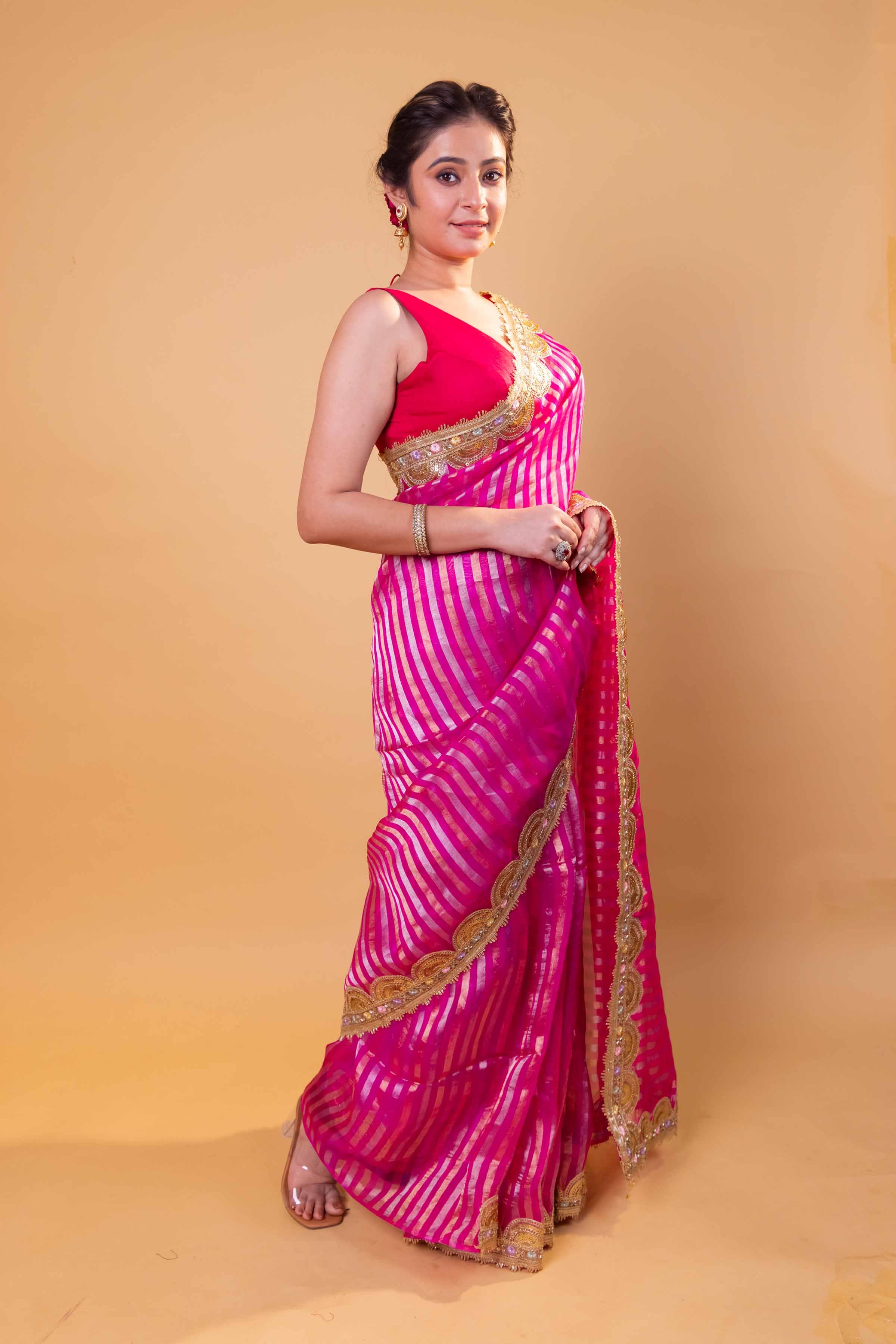 Rani Sona Rupa Stripe Organza Silk Saree With Embellished Border