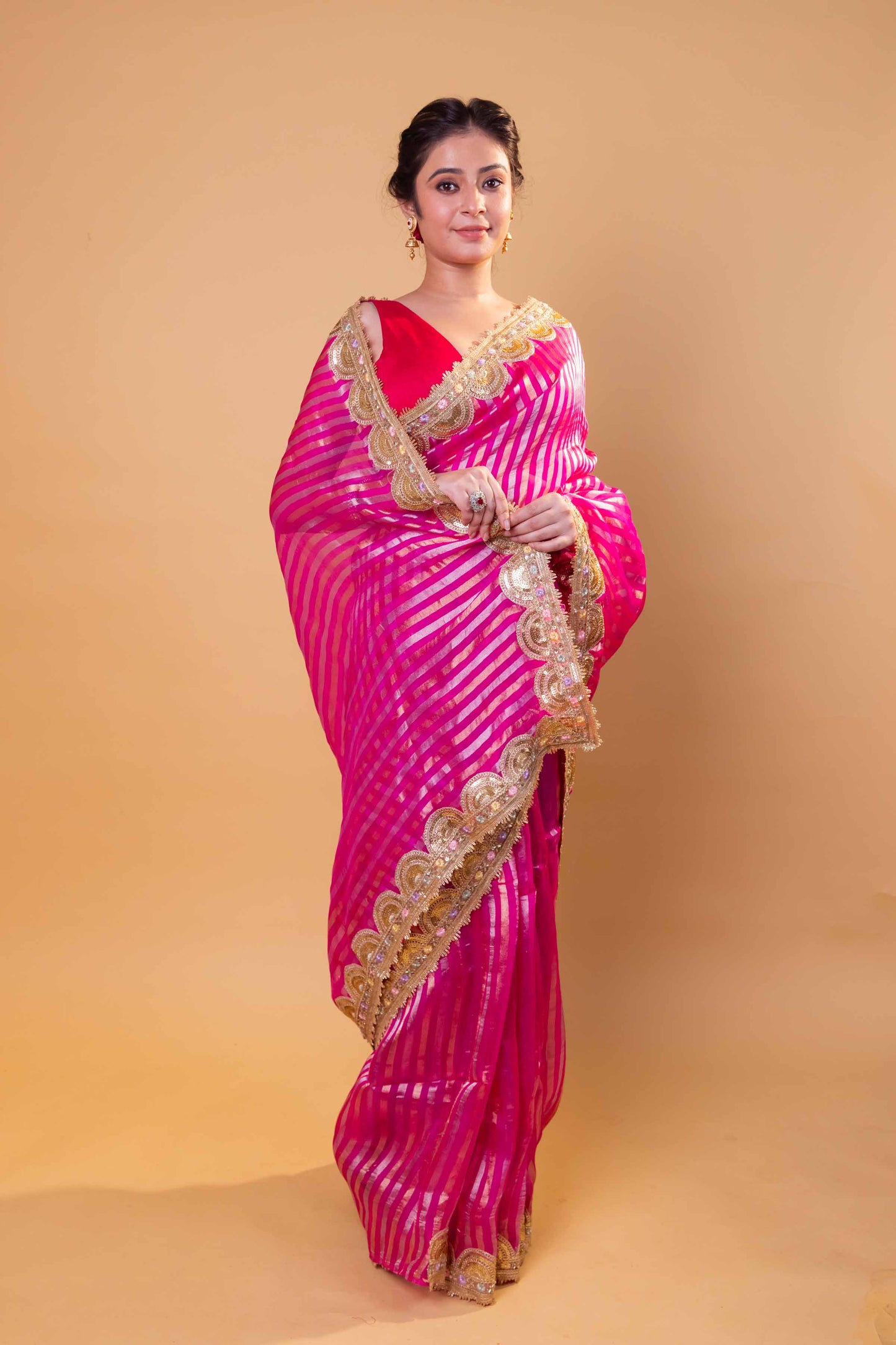 Rani Sona Rupa Stripe Organza Silk Saree With Embellished Border