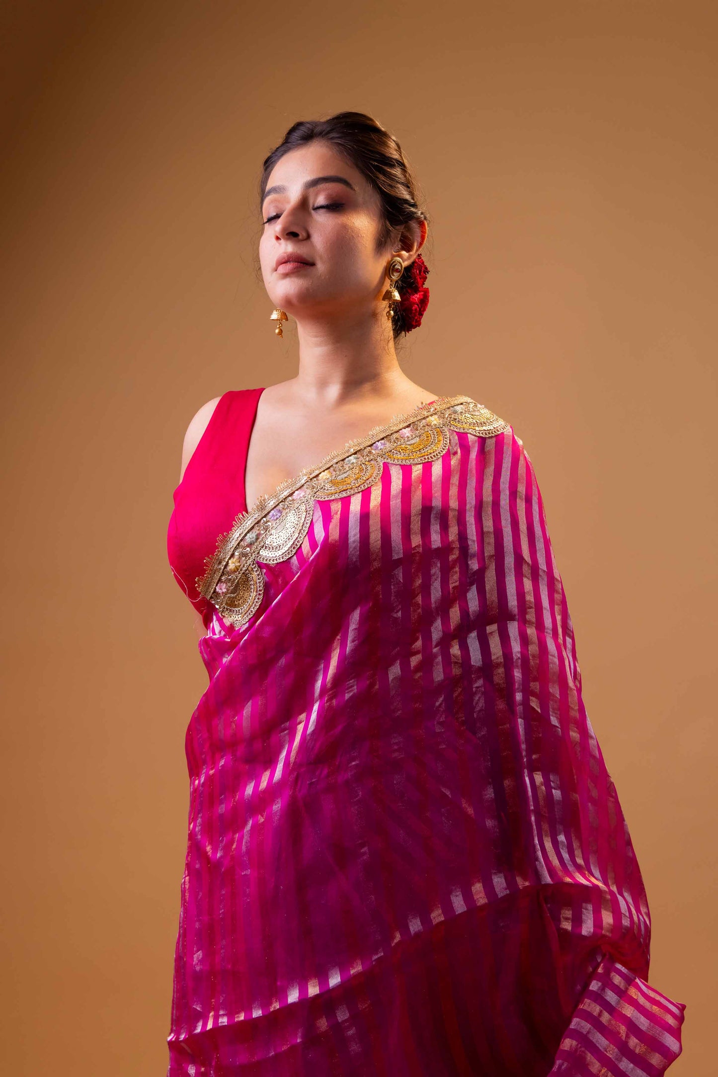 Rani Sona Rupa Stripe Organza Silk Saree With Embellished Border