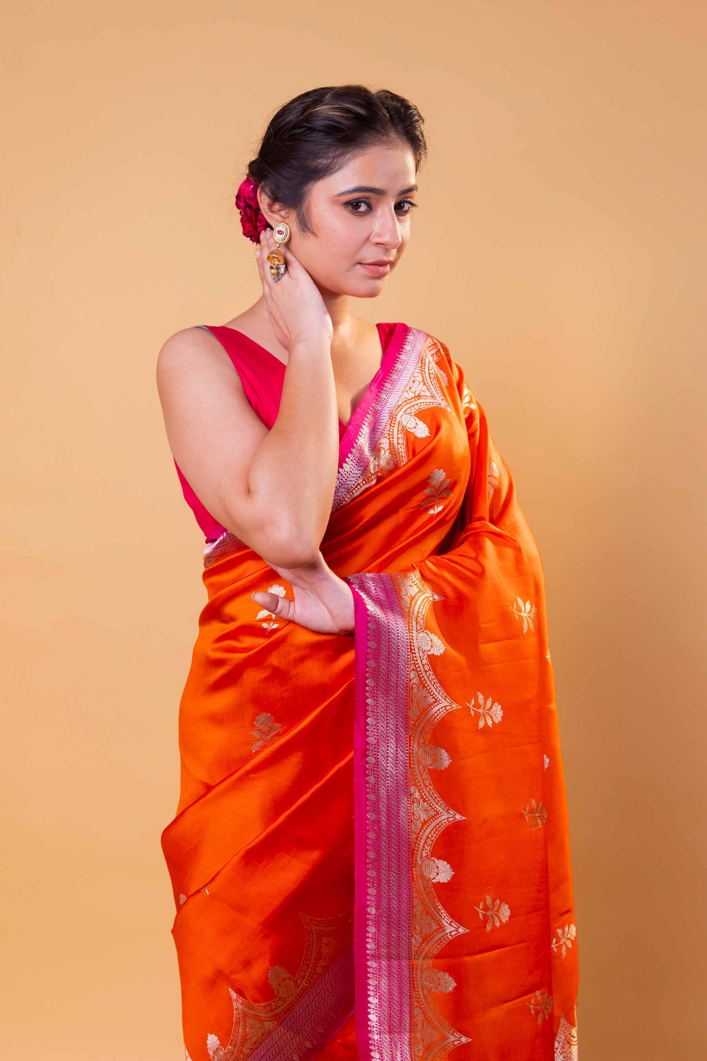 Orange & Rani Floral Raw Mango Silk Saree