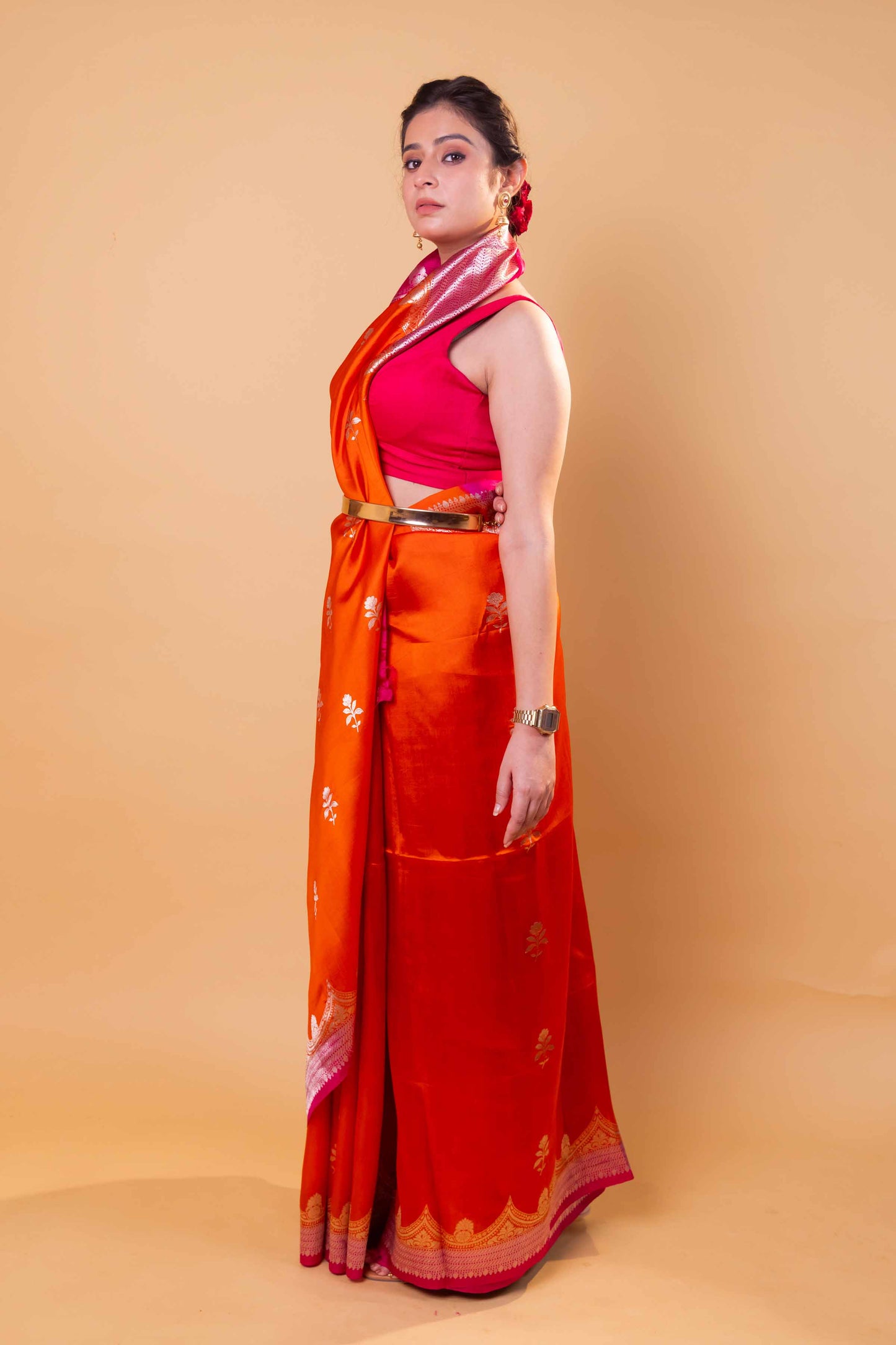 Orange & Rani Floral Raw Mango Silk Saree