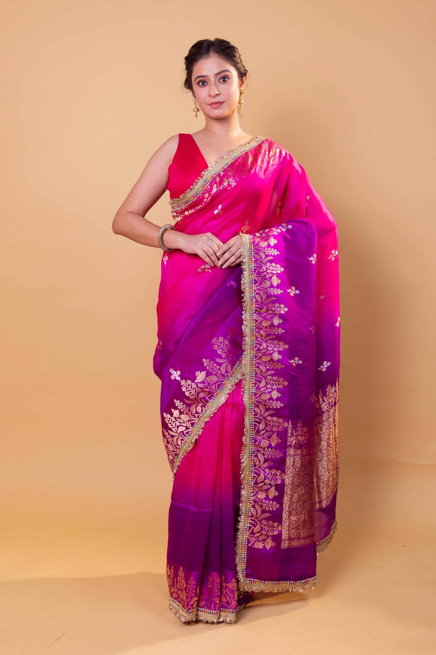 Rani & Purple Shaded Kadhua Organza Silk Saree With Embellished Border