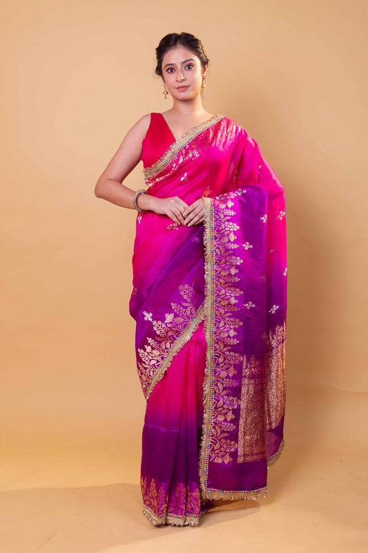 Rani & Purple Shaded Kadhua Organza Silk Saree With Embellished Border
