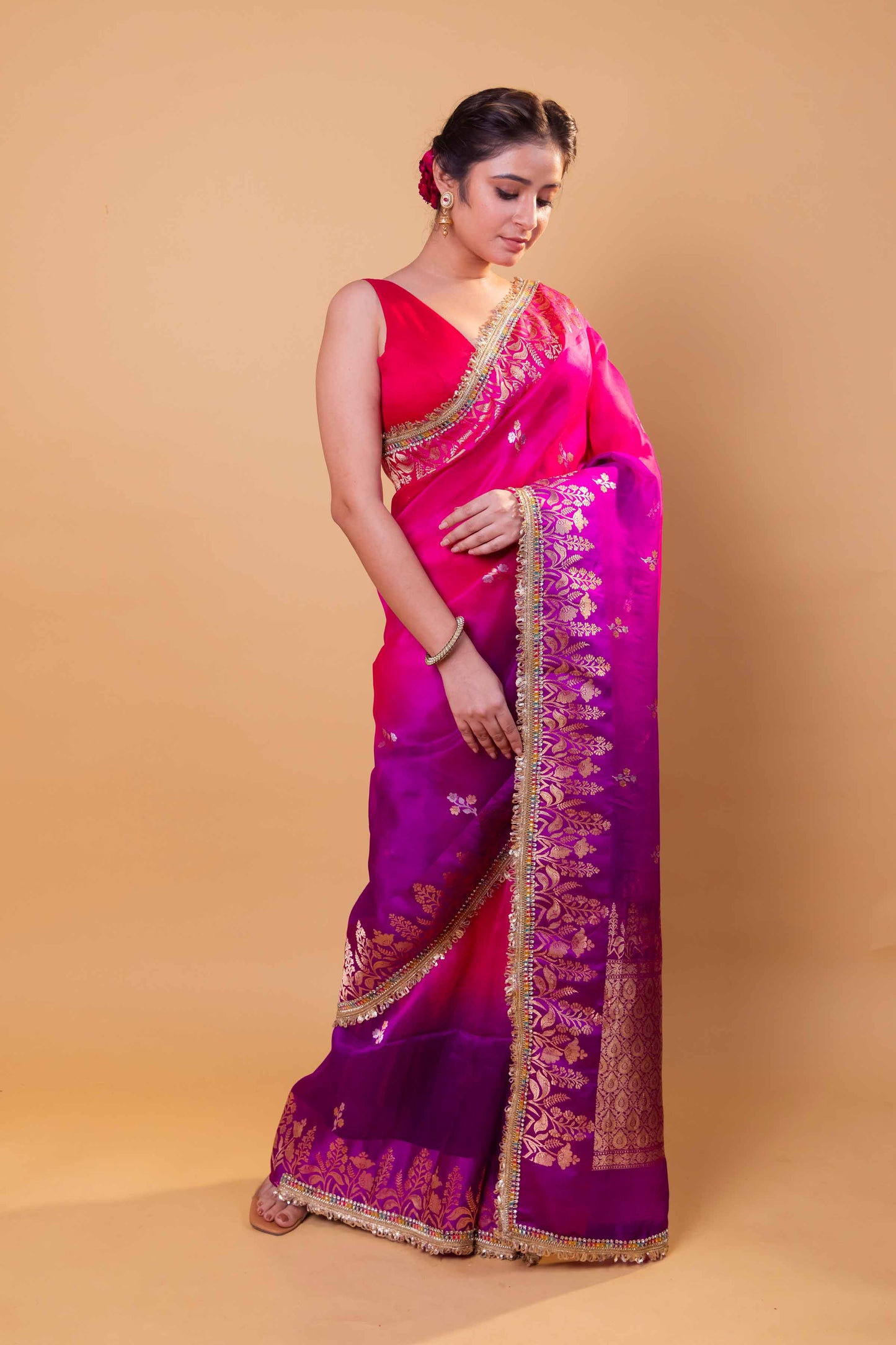 Rani & Purple Shaded Kadhua Organza Silk Saree With Embellished Border