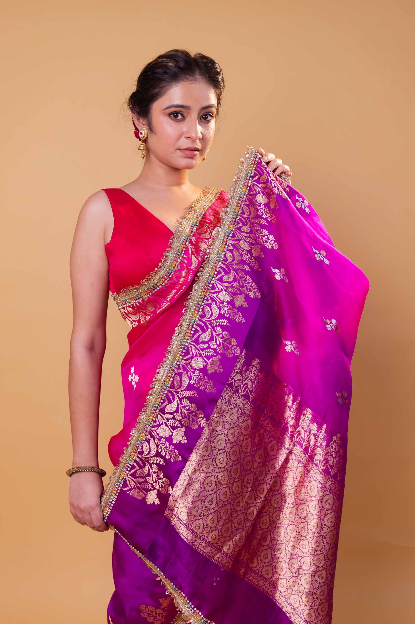 Rani & Purple Shaded Kadhua Organza Silk Saree With Embellished Border