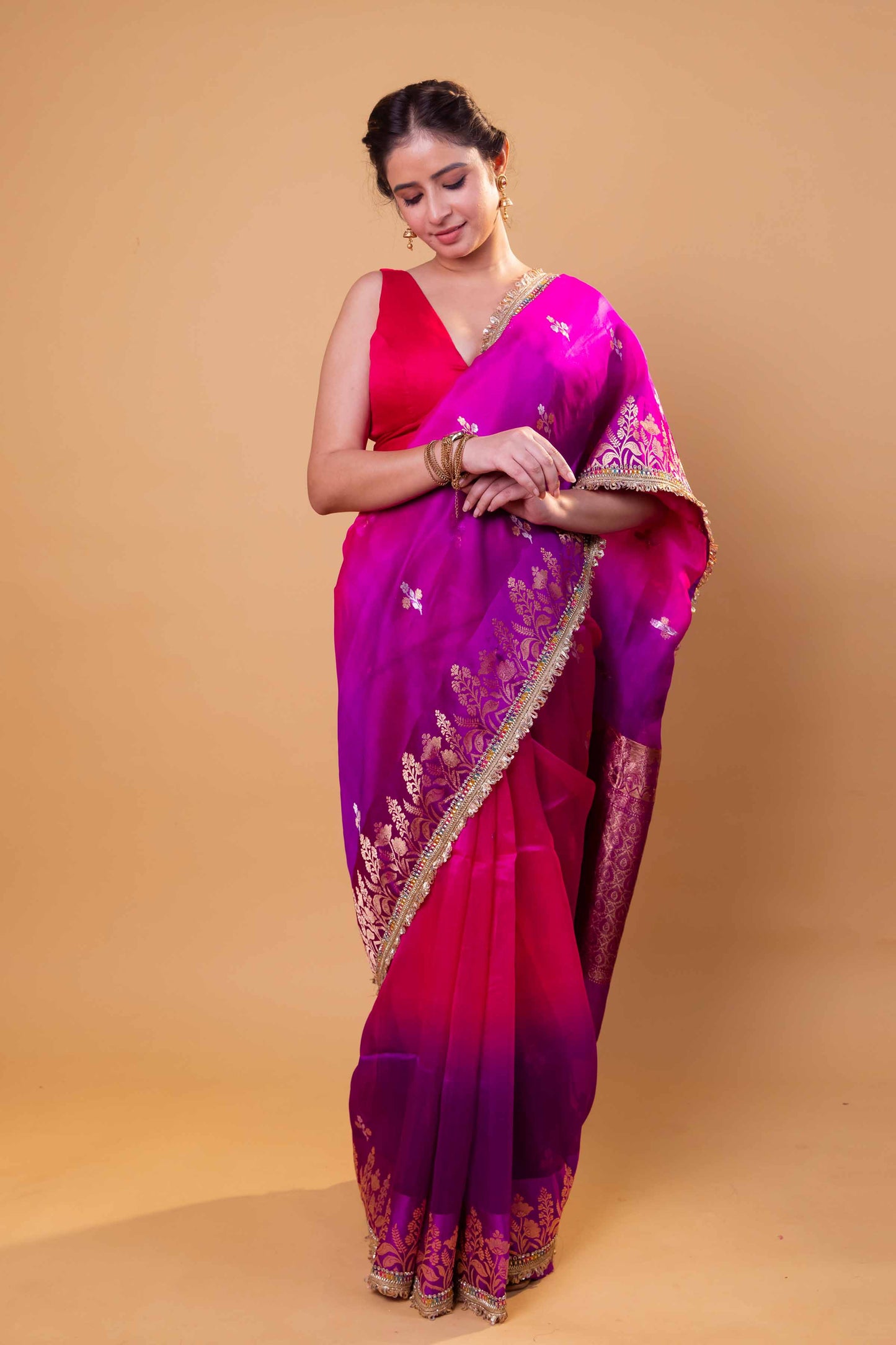 Rani & Purple Shaded Kadhua Organza Silk Saree With Embellished Border