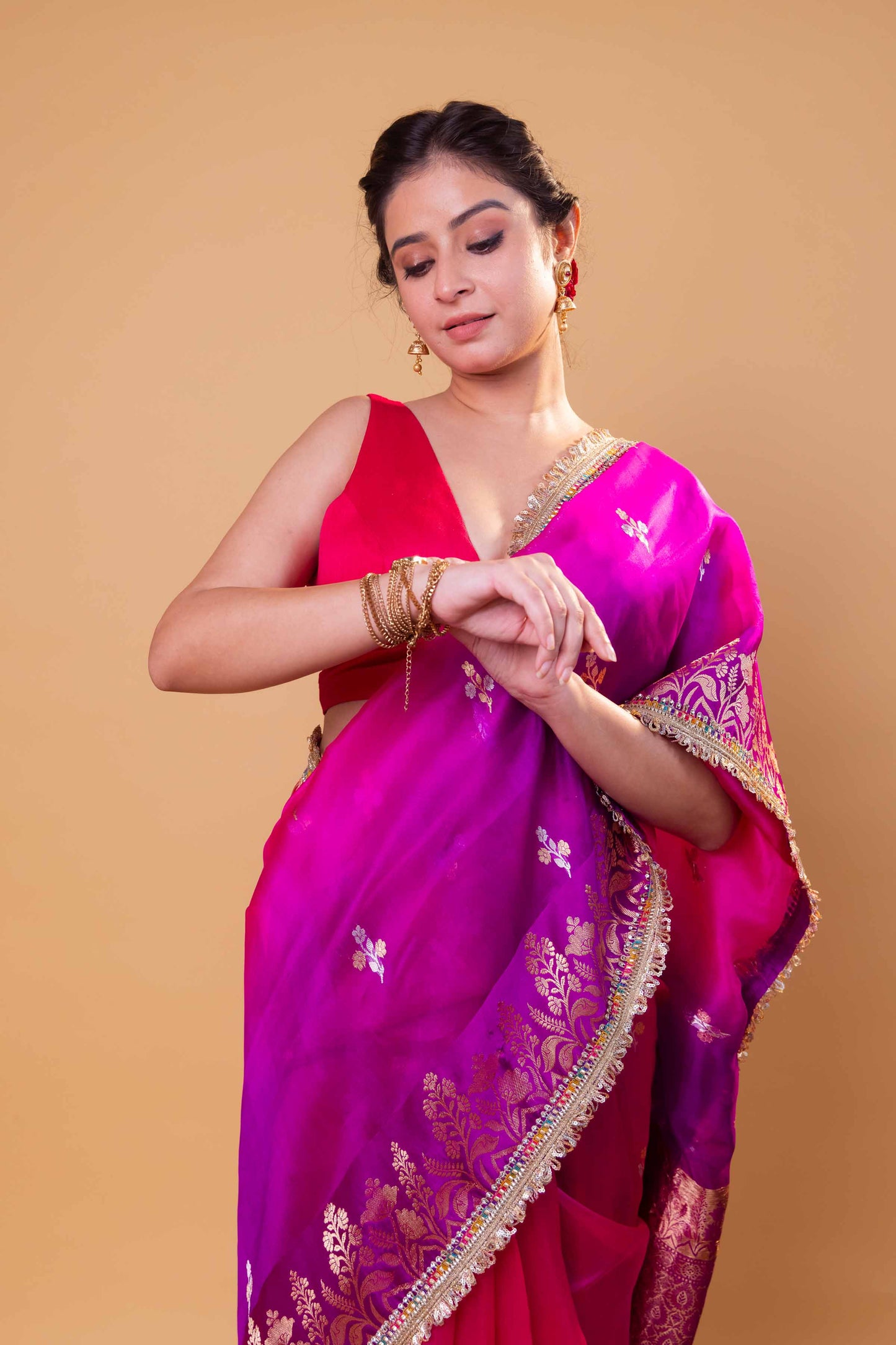 Rani & Purple Shaded Kadhua Organza Silk Saree With Embellished Border