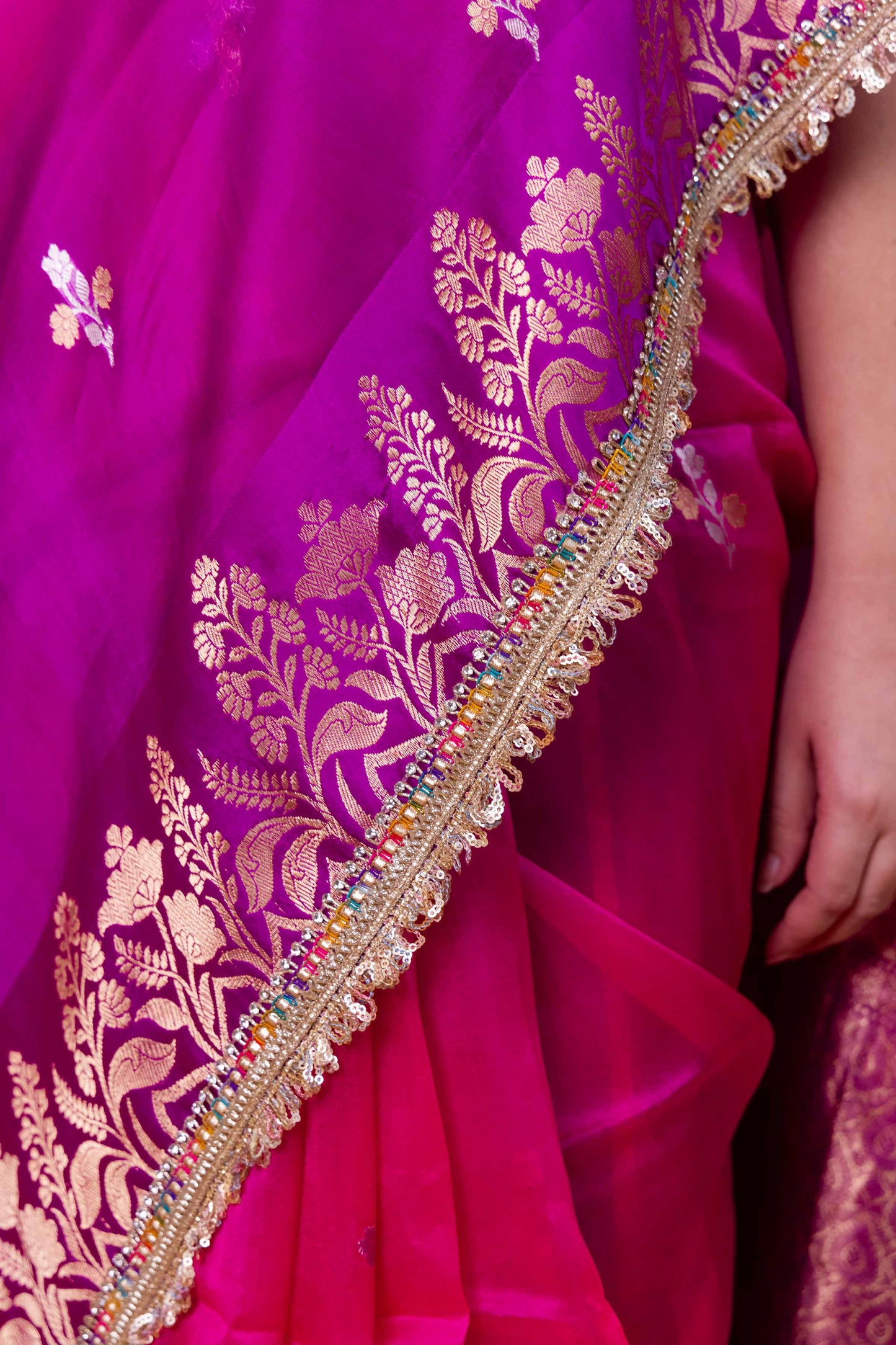 Rani & Purple Shaded Kadhua Organza Silk Saree With Embellished Border