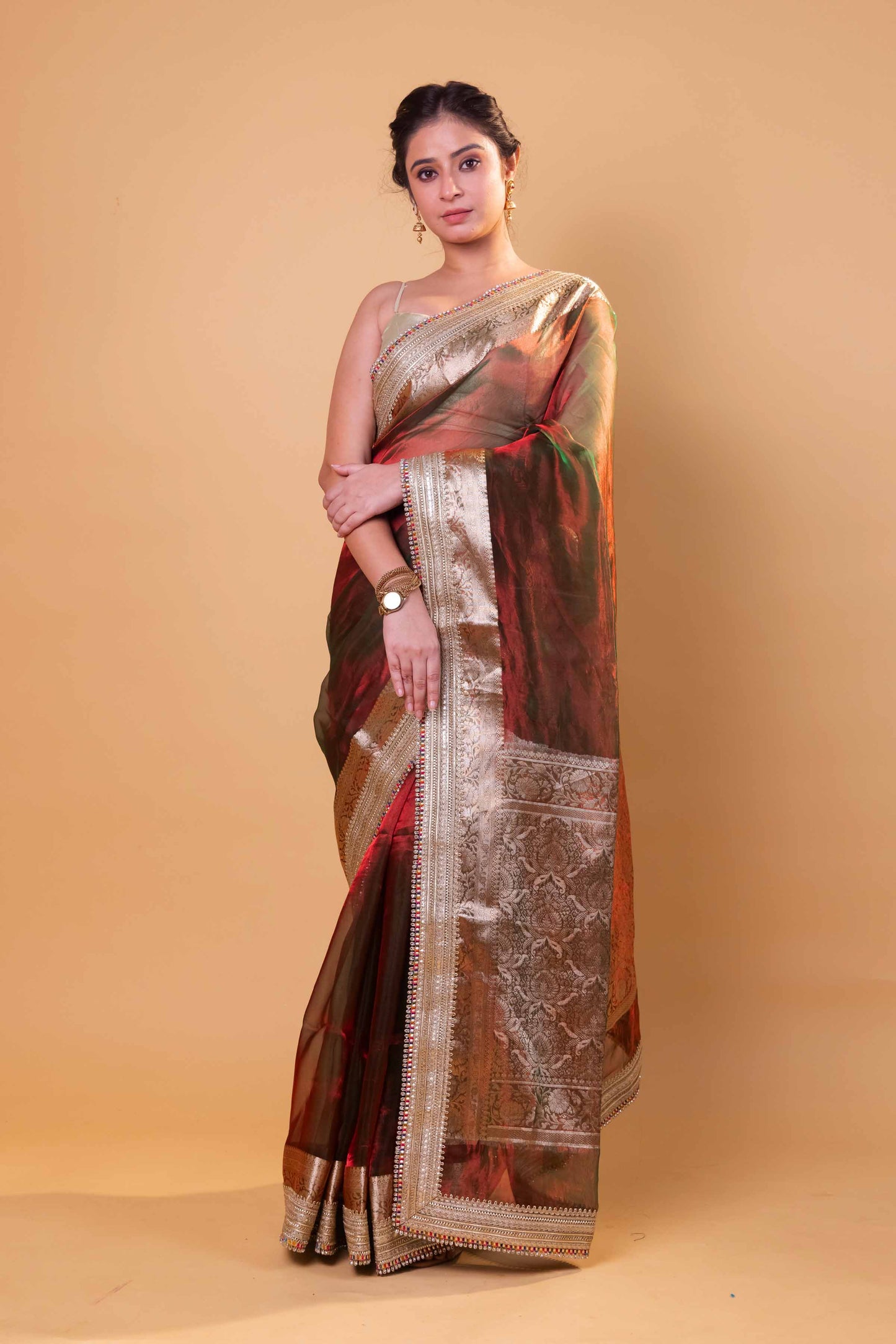 Red & Green Dhup Chav Embellished Lace Pure Tissue Silk Saree