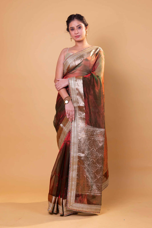 Red & Green Dhup Chav Embellished Lace Pure Tissue Silk Saree