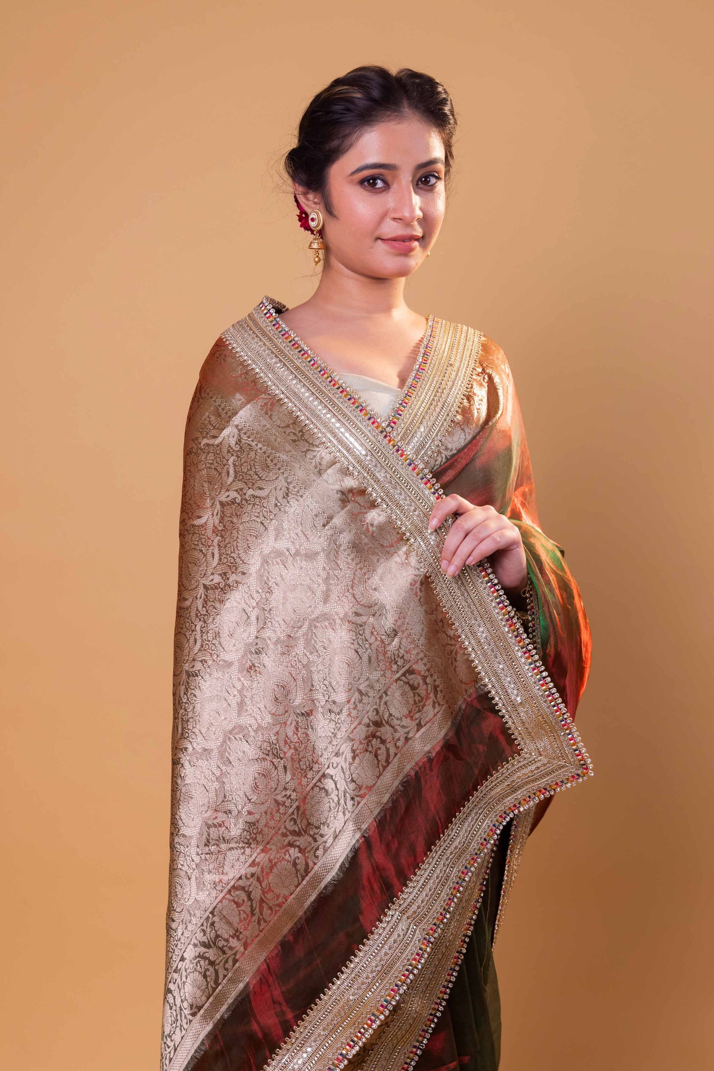 Red & Green Dhup Chav Embellished Lace Pure Tissue Silk Saree