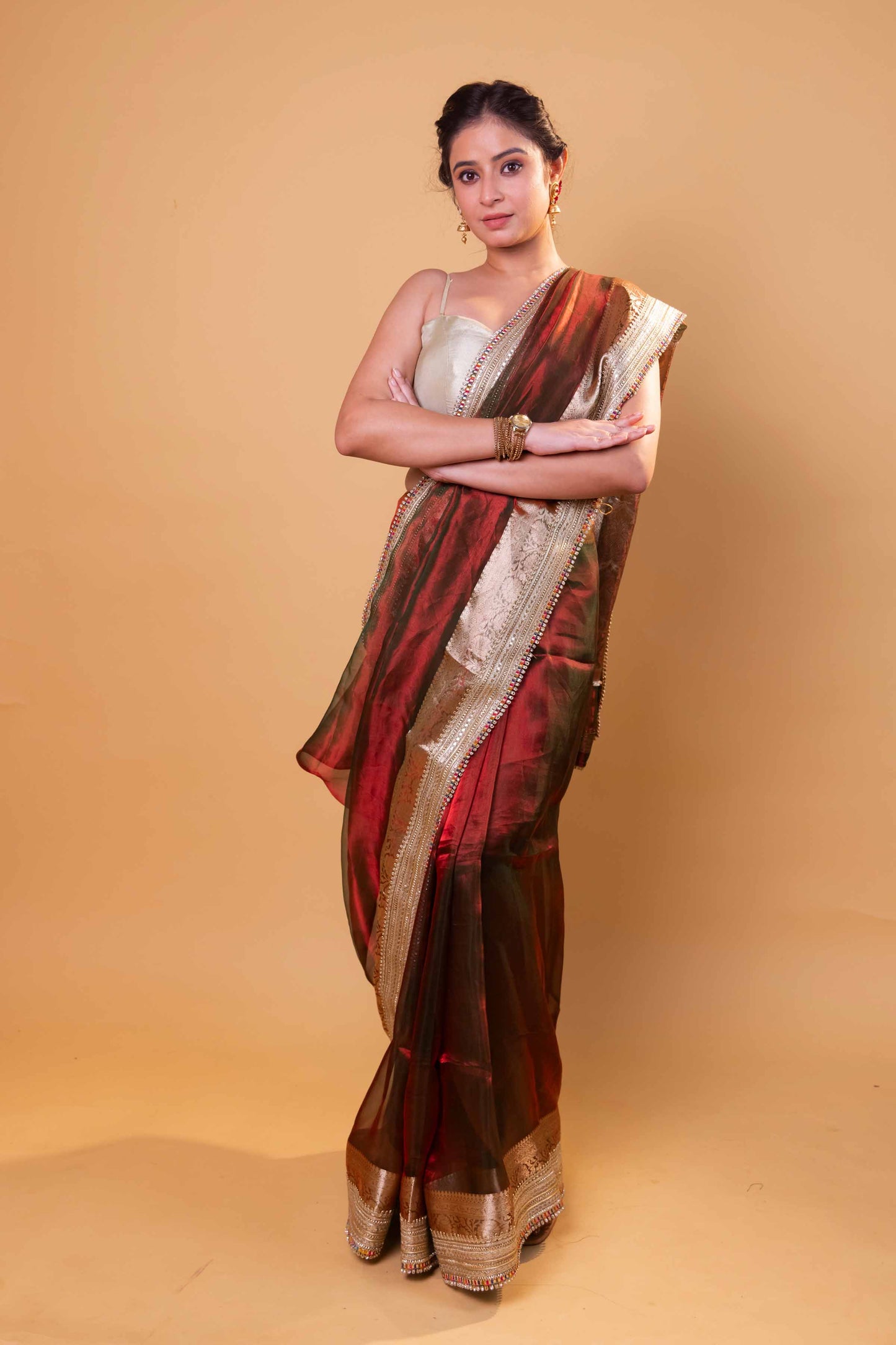 Red & Green Dhup Chav Embellished Lace Pure Tissue Silk Saree