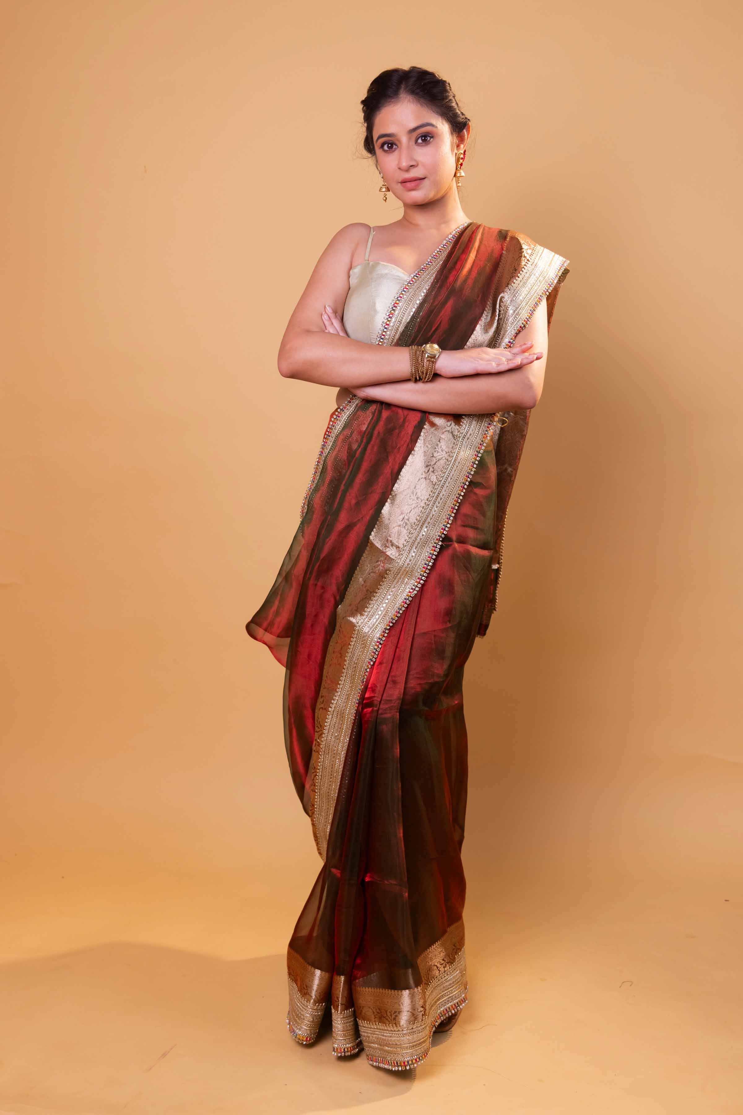 Red & Green Dhup Chav Embellished Lace Pure Tissue Silk Saree