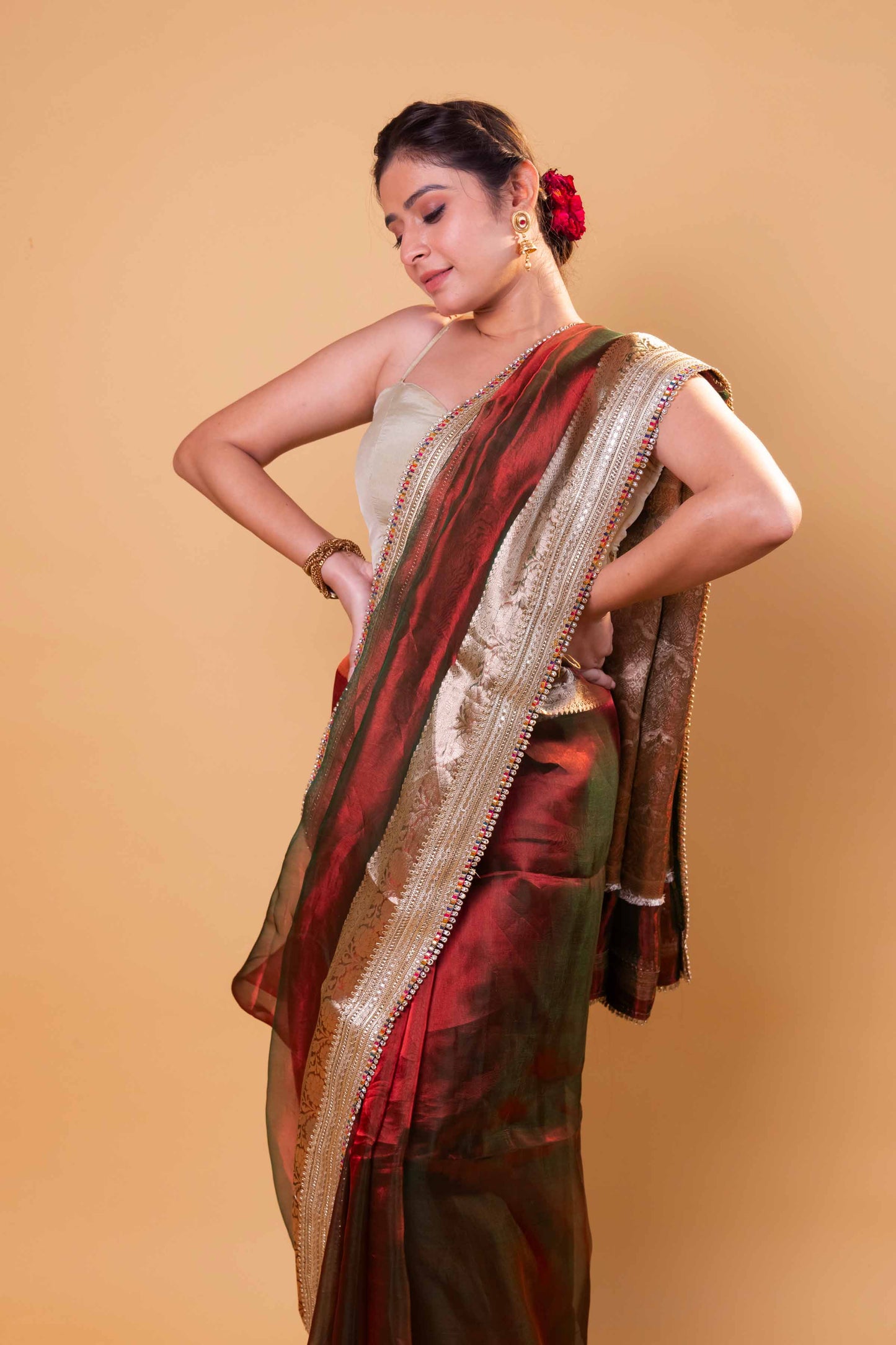 Red & Green Dhup Chav Embellished Lace Pure Tissue Silk Saree