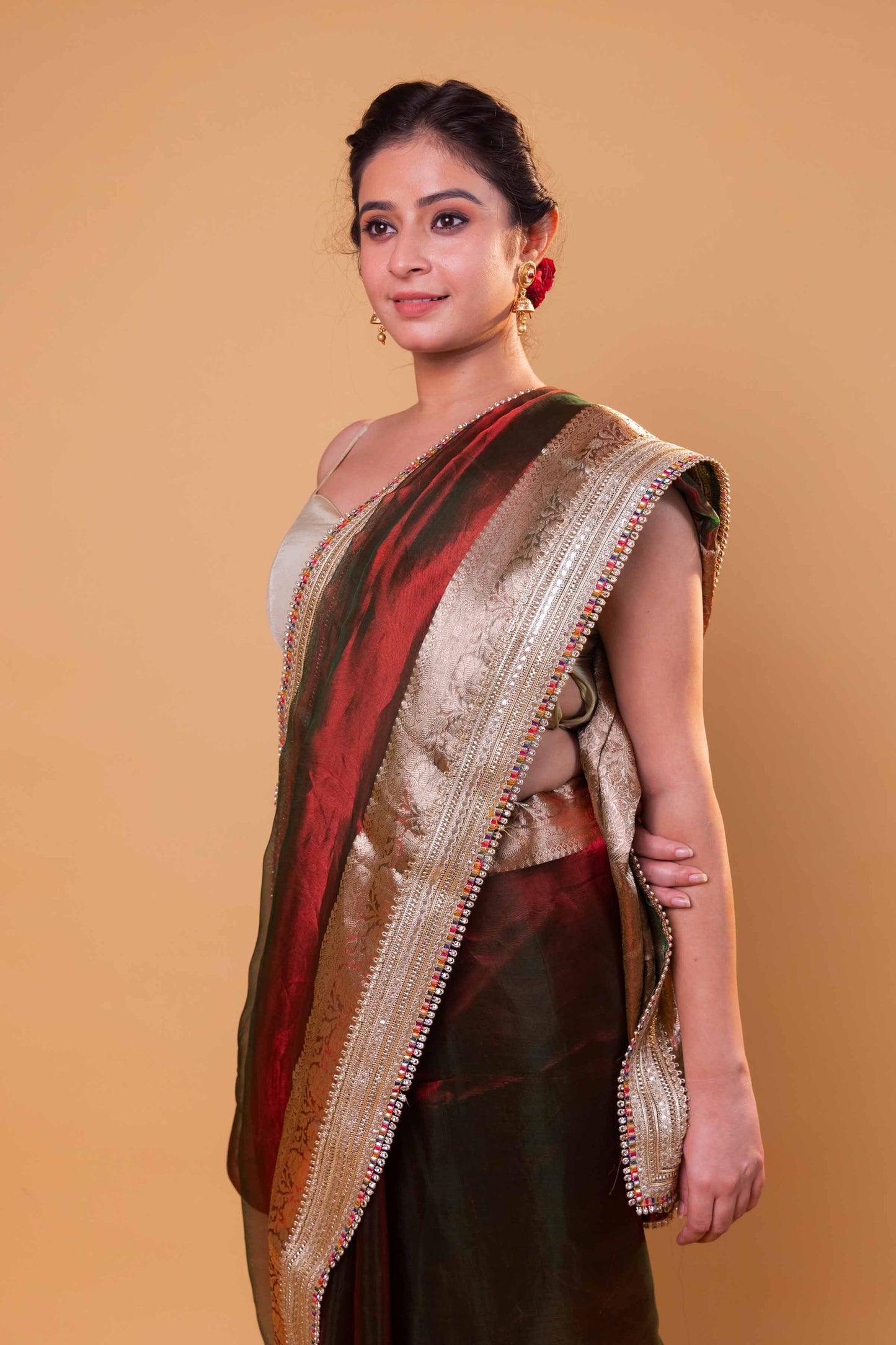 Red & Green Dhup Chav Embellished Lace Pure Tissue Silk Saree