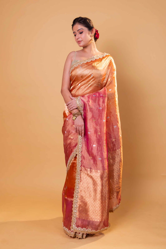Orange & Rani Pure Tissue Silk Saree With Embroidery Border