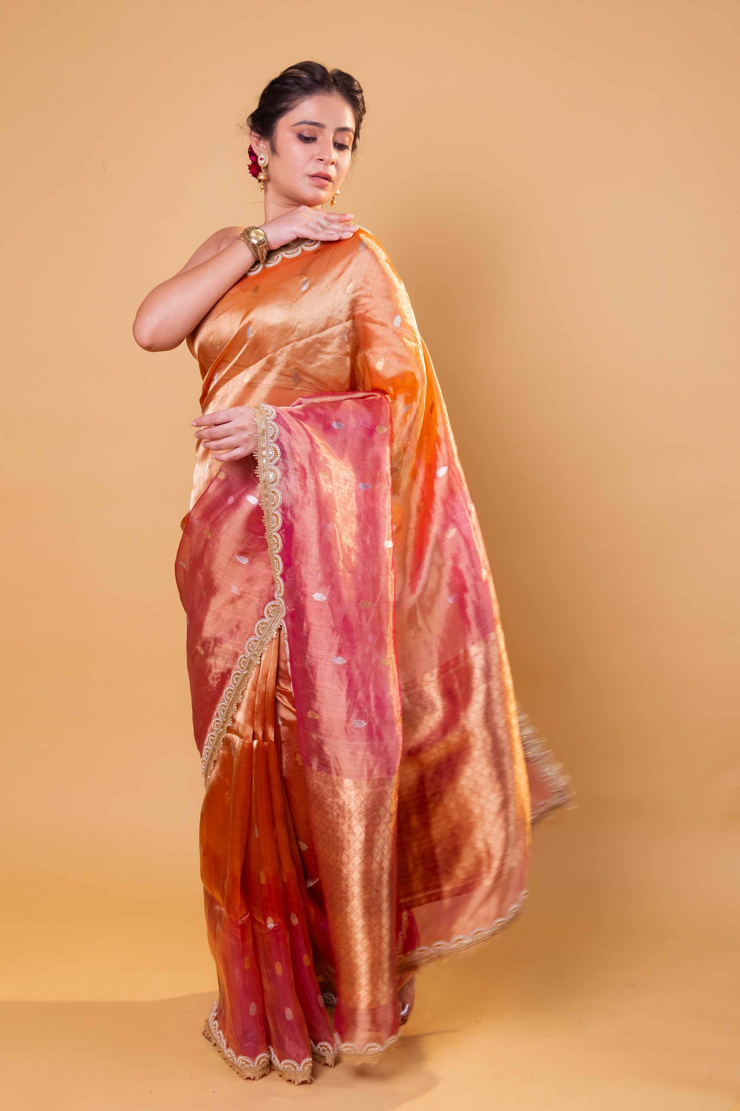 Orange & Rani Pure Tissue Silk Saree With Embroidery Border